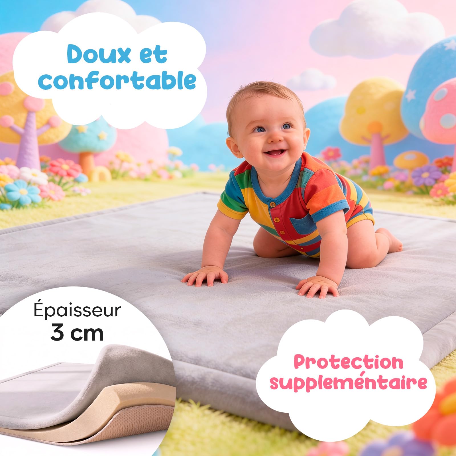 Tapis de Jeu Bébé 150x150 cm – Tapis Bébé Épais 3 cm Mousse à Mémoire de Forme – Non Toxique – Grand Tapis d’Éveil et de Motricité – Antidérapant, Doux et Confortable - Avec Maman