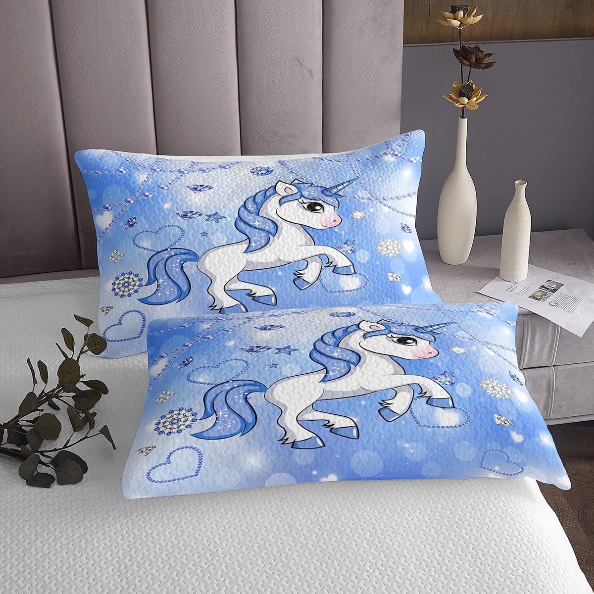 Juego de sábanas de unicornio tamaño King con 2 fundas de almohada con patrón de perlas, juego de sábanas de unicornio para niñas, juego de ropa de cama azul oscuro para niños, niñas y adultos