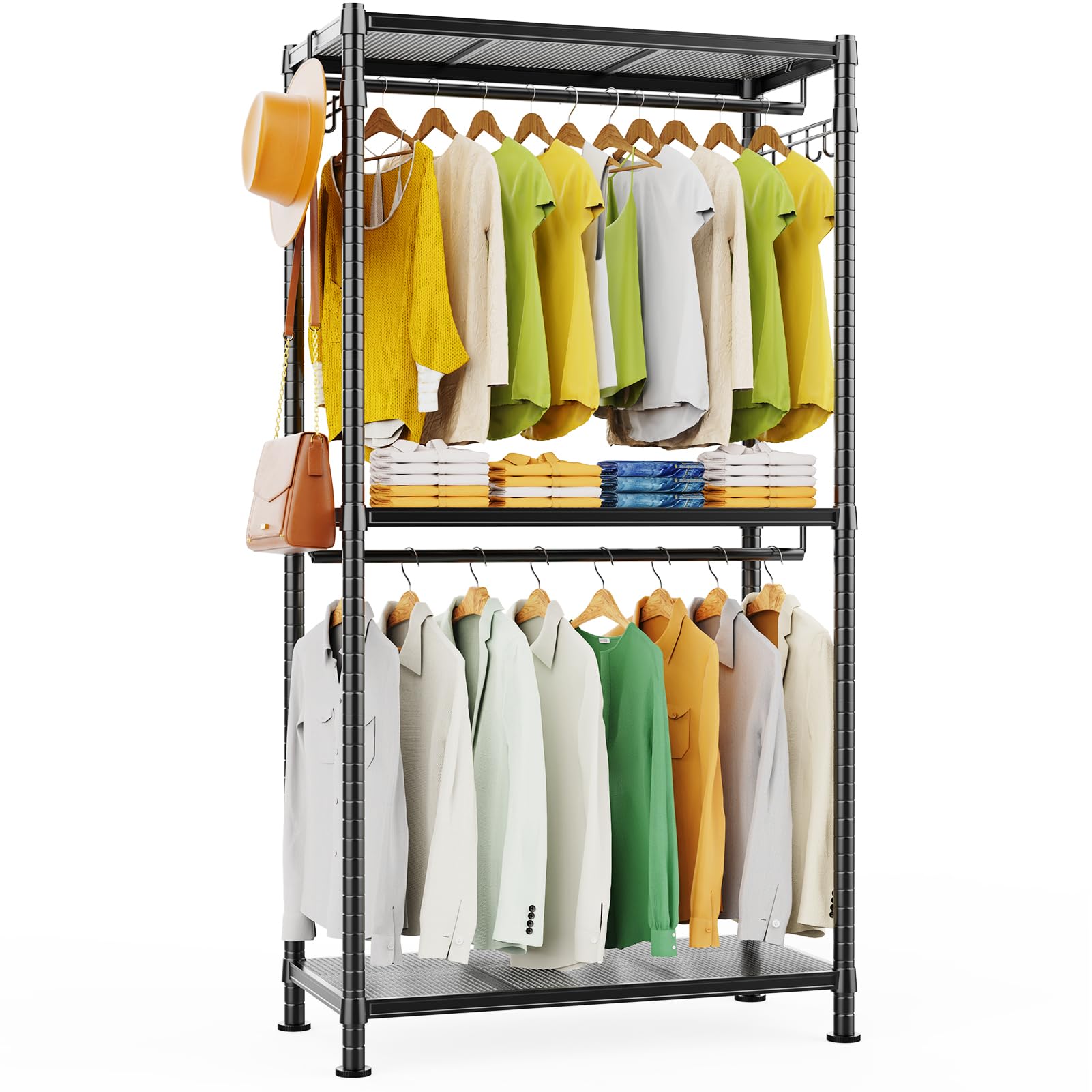 lehom g1 heavy duty clothes rack, 3 tiers rolling garment rack for hanging clothes, adjustable wire clothing rack with storage shelves, lockable wheels freestanding closet wardrobe for bedroom