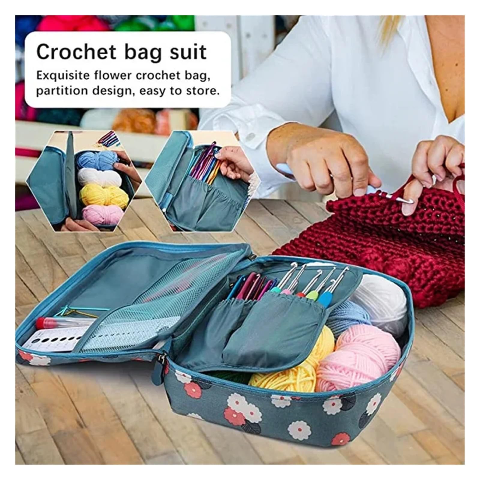 OPIGJUFD Kits de Ganchillo Juego de bolsa crochet portátil, herramienta for tejer lana, regla costura, agujas, hilo, kit completo material para Proyectos de Manualidades(107 pcs set)