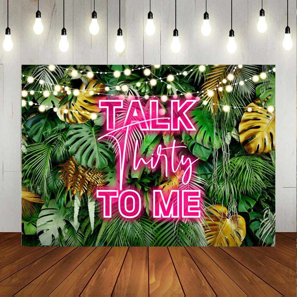 Lofaris Pink Talk Thirty to Me Backdrop for Women Neon Sign Hawaiian Tropical Aloha Palm Leaves 30th Birthday Party Decorations Banner Cheers to 30 Years Photography Background Studio Props7x5ft