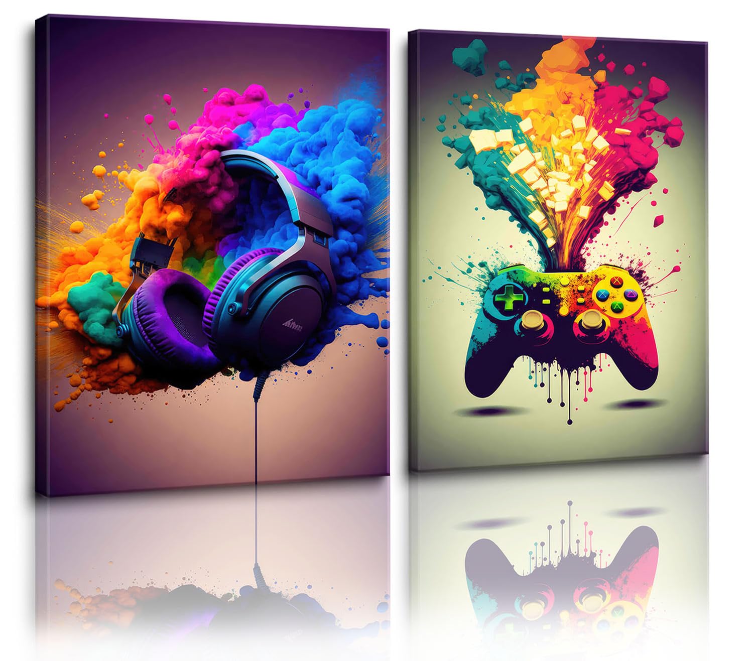 XOIHUR Gamepad Decorative Wall Art - Video Game Controller Gamer Wall Decor, Colorful Graffiti Splash Ink 2 Pieces Gaming Pictures Posters Teen Bedroom Prints 16x24 Inch Unframed