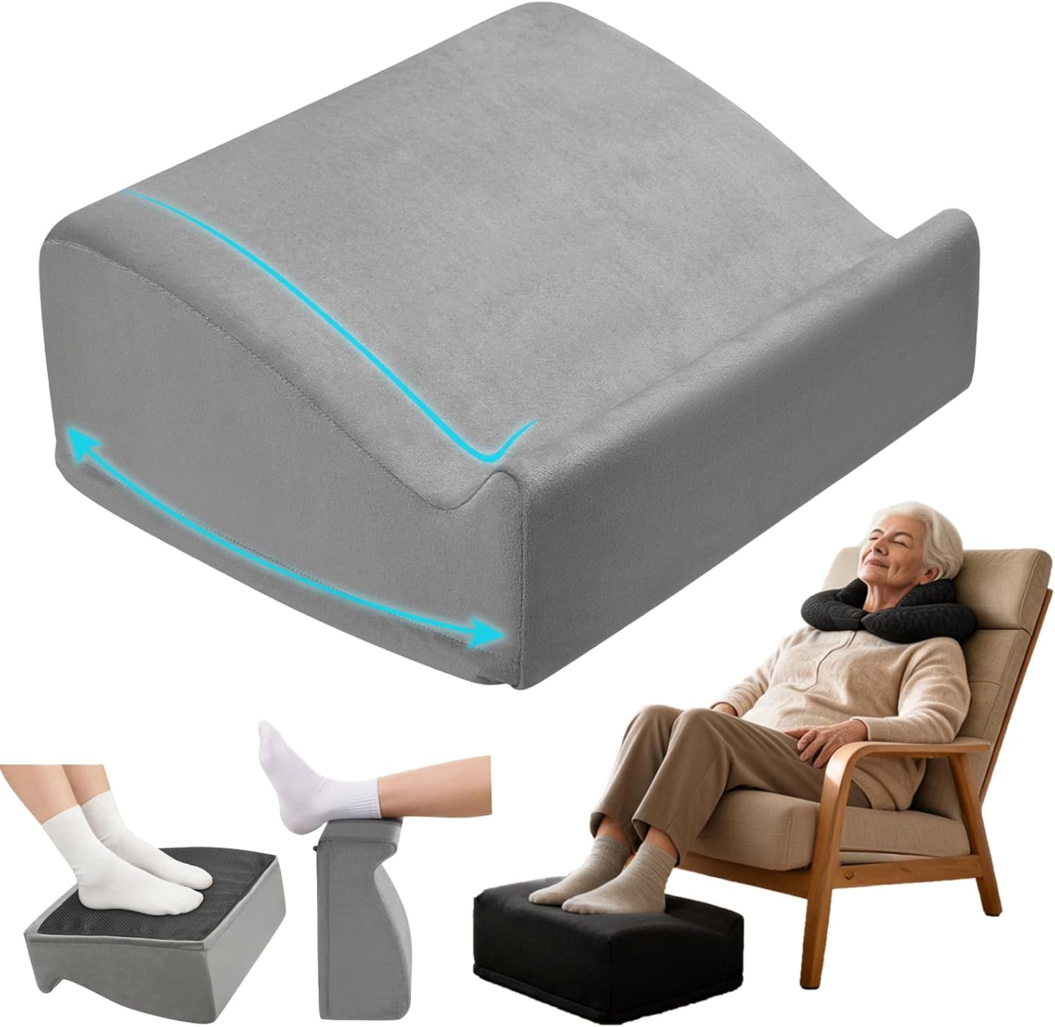 Foot Rest Under Desk with Rocking Base | Gray Velvet | Washable velvet cover | 15° tilt + rocking base | 2 heights: 6.1″/7.3″ | Non-slip | Office, gaming, home