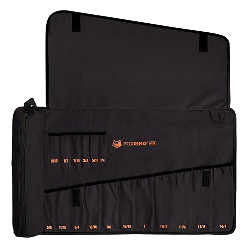 Foxrino Wrench Roll, Wrench Roll Up Pouch, 17-Pocket Heavy Duty Canvas Wrench Organizer Bag for SAE Combination Wrenches, Portable Tool Roll Bag, Gifts for Men for Christmas (Black, 17+1 SAE)