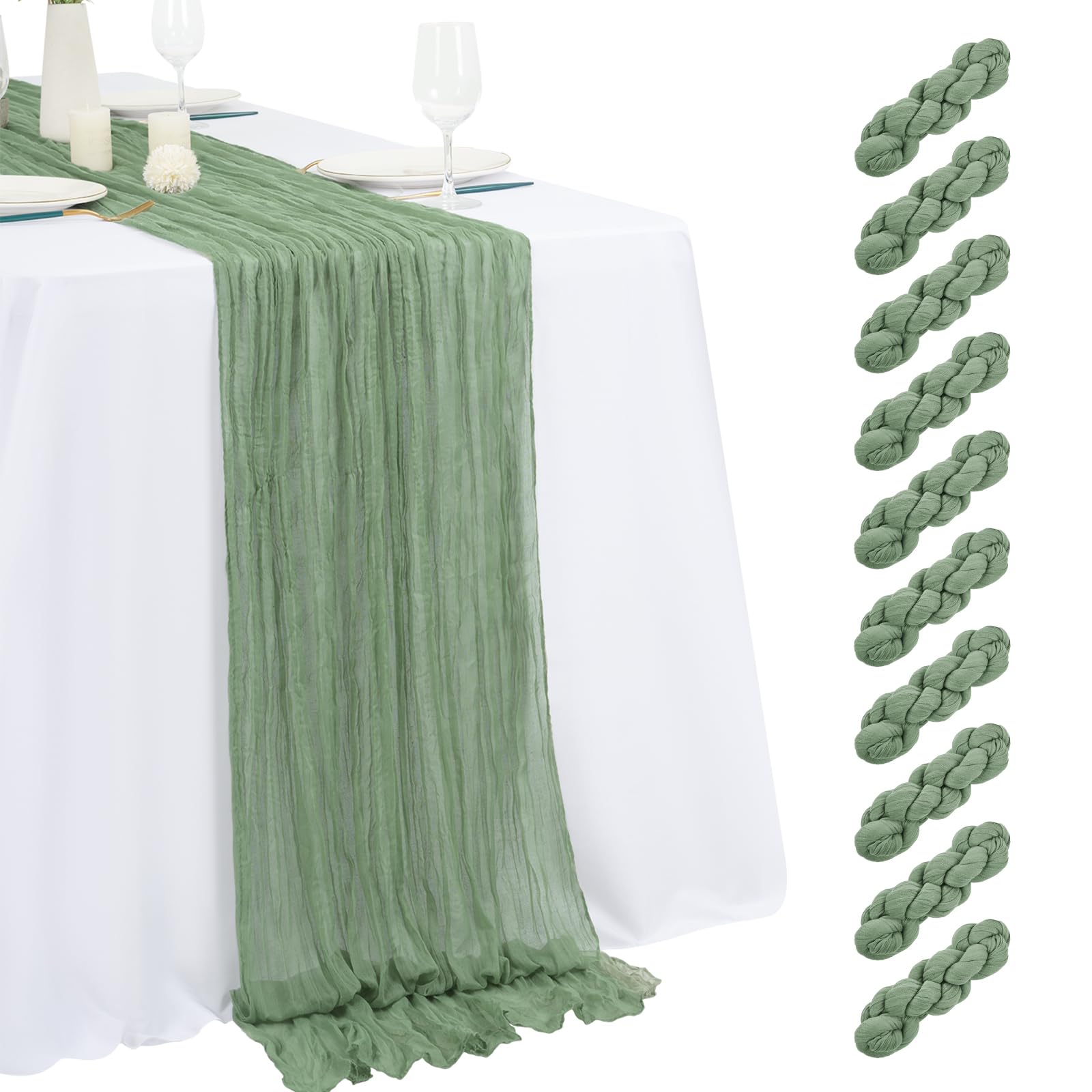 Photo 1 of 10 Pack Sage Green Cheesecloth Table Runner 17x108 Inch Semi Sheer Boho Gauze Cheese Cloth Table Runners, for Wedding Bridal Shower Birthday Party Home Decor Garden Farmhouse