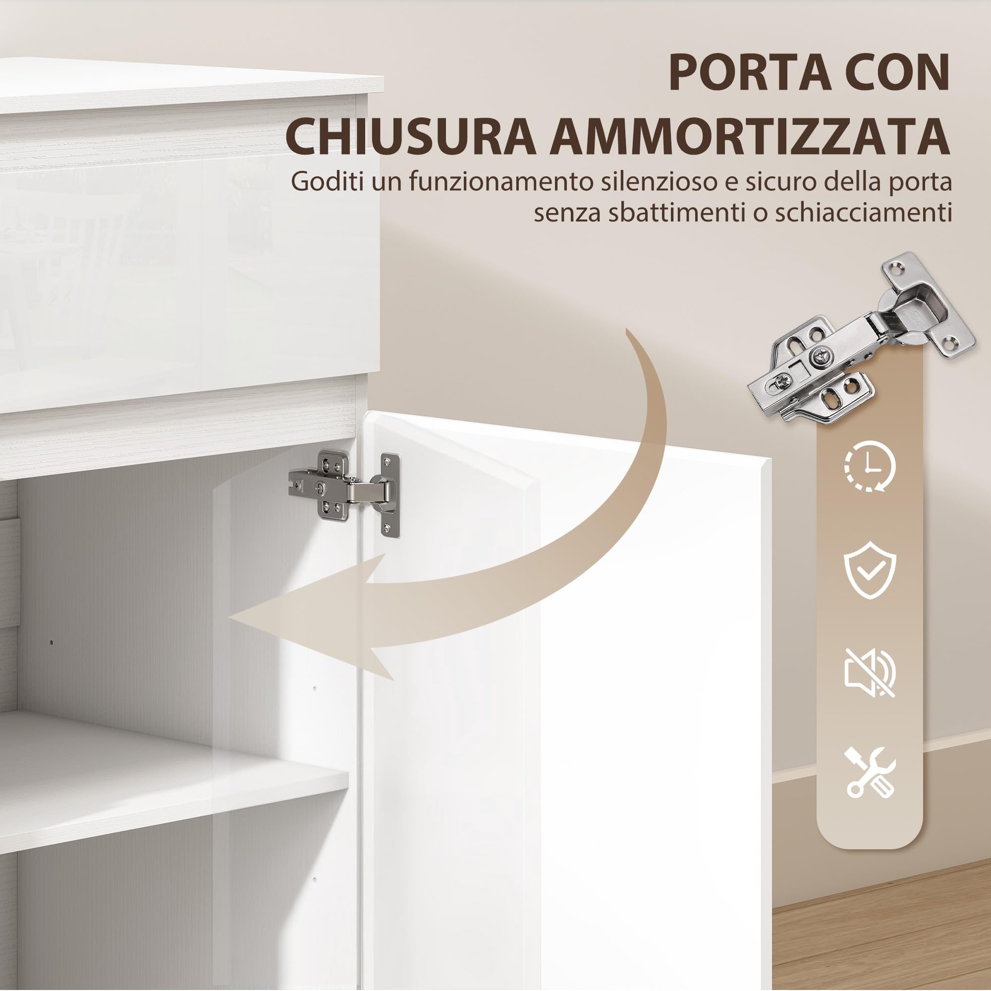 HOMCOM Cassettiera Camera da Letto 5 Cassetti, Como Camera da Letto Moderno con Ripiano Regolabile, Ante Soft-Close, Cassettiera Salvaspazio per Soggiorno Cameretta, 100x40x80 cm, Bianco Lucido