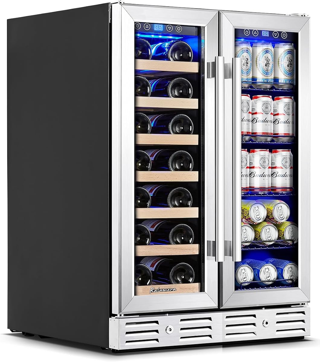 Wine and Beverage Refrigerator, 24 Inch Dual Zone Wine Cooler | Hold 20 Bottles and 78 Cans Built-In or Freestanding Beverage Fridge with Glass Door Blue LED Light for Home/Bar/Office