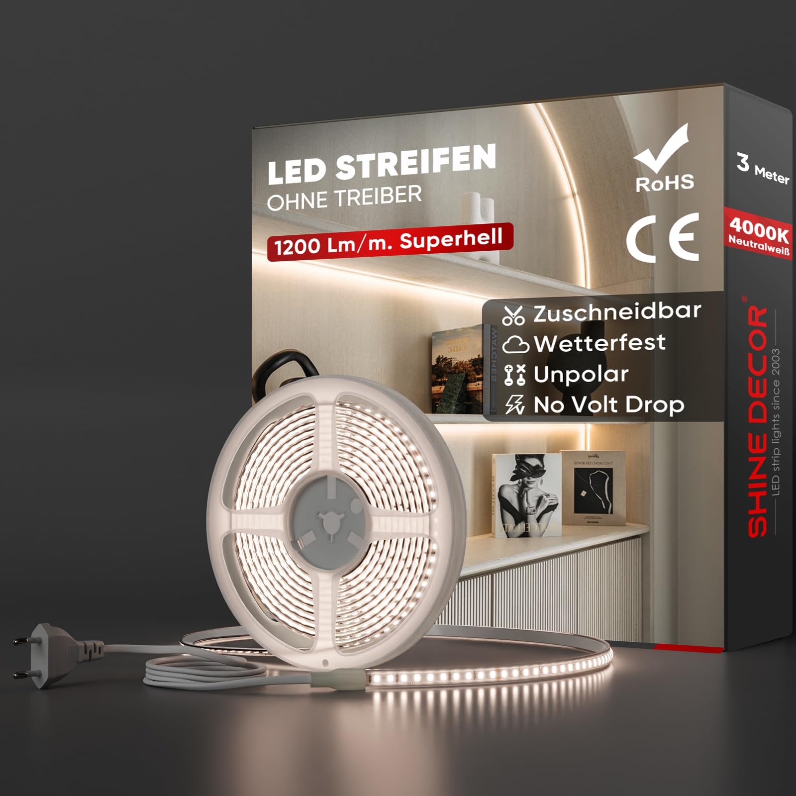 Shine Decor LED Streifen, AC 220V 230V IP65 Wasserdicht LED Band, SMD 2835 120 leds/m Ultrahohe Helligkeit Lichtleiste für Home Decoration Küche Garten LED Beleuchtung