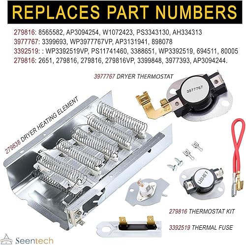 Miniatura 4 de 279838 Elemento de calefacción para secadora, fusible térmico 3392519, termostato de secadora 279816 397767 de Seentech, compatible con secadora
