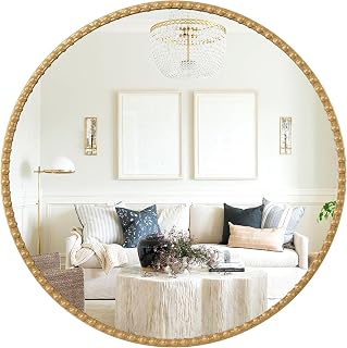 Circle Mirrors Metal Framed Hanging Round Mirror Wall Mounted Bathroom Modern Antique Round Bead Mirror for Entryway Living Room Hallway Decorative Gold 18"