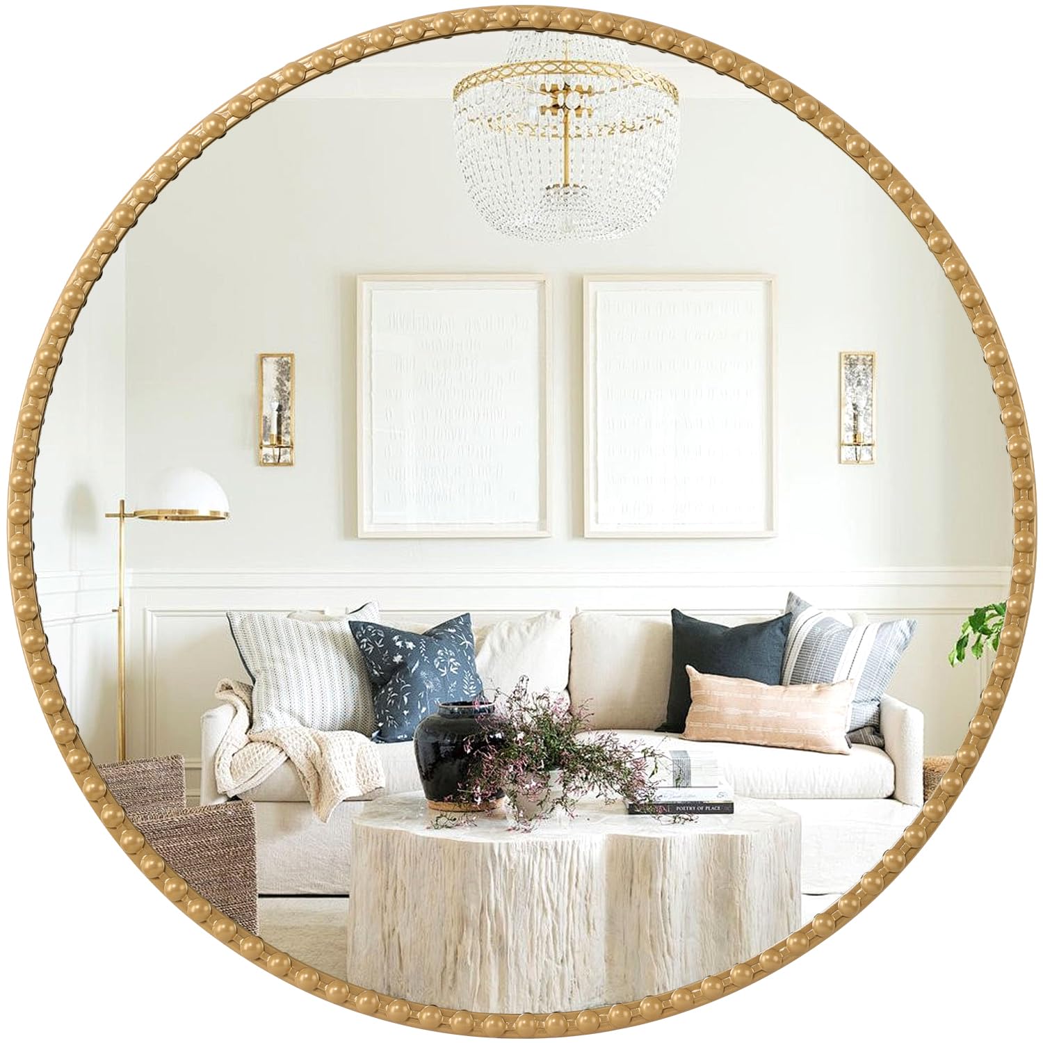 Circle Mirrors Metal Framed Hanging Round Mirror Wall Mounted Bathroom Modern Antique Round Bead Mirror for Entryway Living Room Hallway Decorative Gold 18"