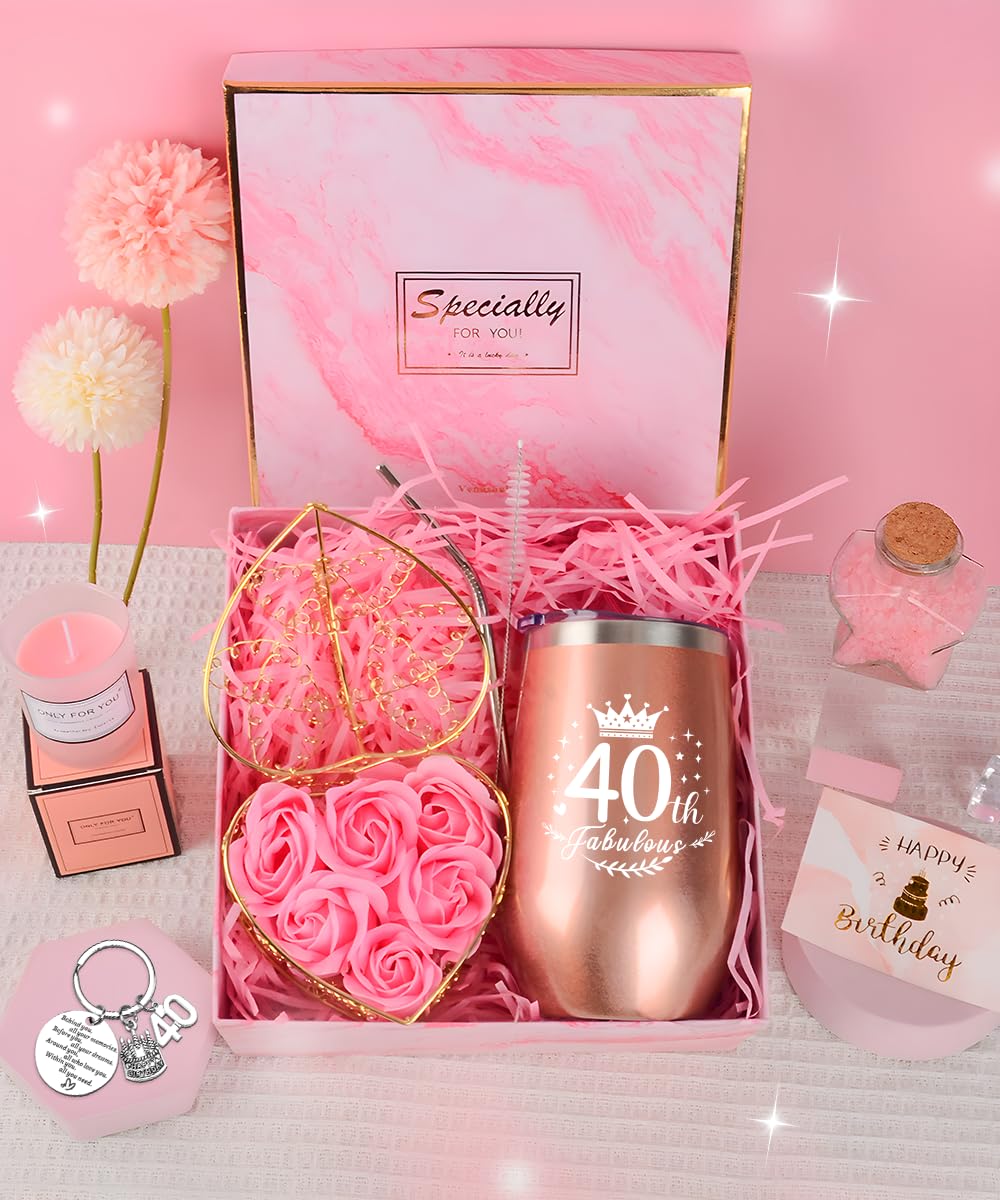 Regalo Compleanno Donna 40 Anni, Bicchiere Termico da 470ml e Candela Profumata, Set Regalo Originale per Mamma, Sorella e Amiche, Idee Divertenti per il 40° Compleanno