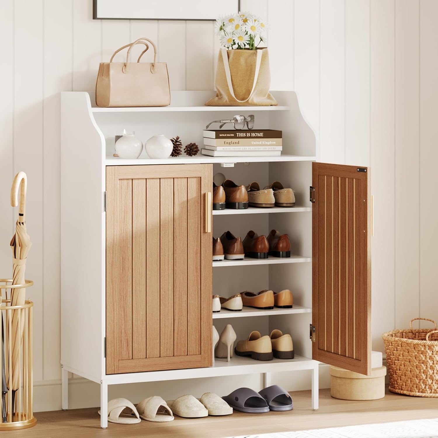 Patikuin Shoe Storage Cabinet for Entryway, 5-Tier White Shoes Cabinet w/Doors and 3 Adjustable Shelves, 41" Tall Wood Shoe Rack for Closet, Modern Shoes Organizer for Entryway, Hallway, Living Room