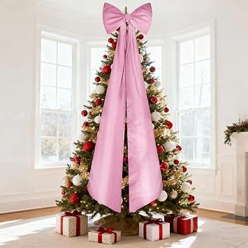 WYTAOHZL 19 x 70 Inches Extra Large Christmas Tree Topper Bow Large Pink Velvet Bows for Christmas Tree Giant Bow for Home Party Holiday