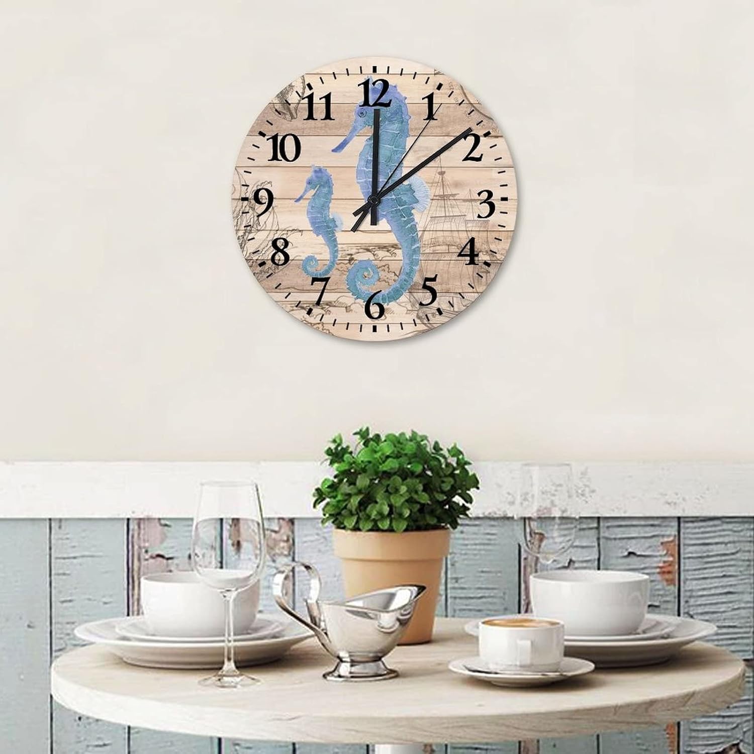 15 Inch Ocean Animal Sea Horse Wooden Clocks Silent Non-Ticking Coastal Decoration for Bedroom Kitchen Clocks Wall Arabic Numeral Round Clock for Home Office School
