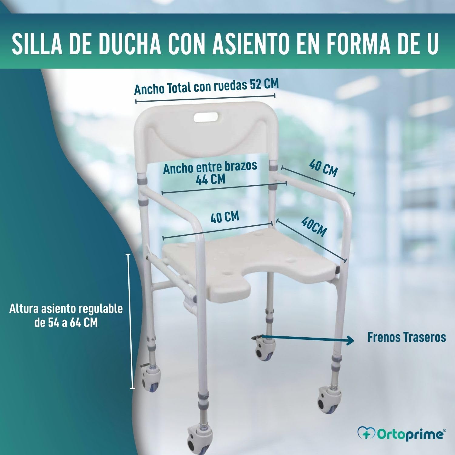 OrtoPrime Silla Ducha Personas Mayores Forma U con Ruedas Silla Baño Adultos Plegable - Silla Ducha Mayores Ortopédica - Silla de Baño Taburete Ducha para Mayores con Respaldo Altura Regulable