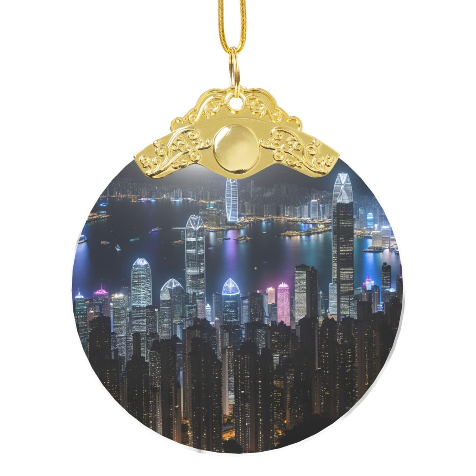 Aerial Night Of View Hong Kong Christmas Ball Ornament With Hook, 3.3 Inch Glass Decoration With Full Wrap Printing