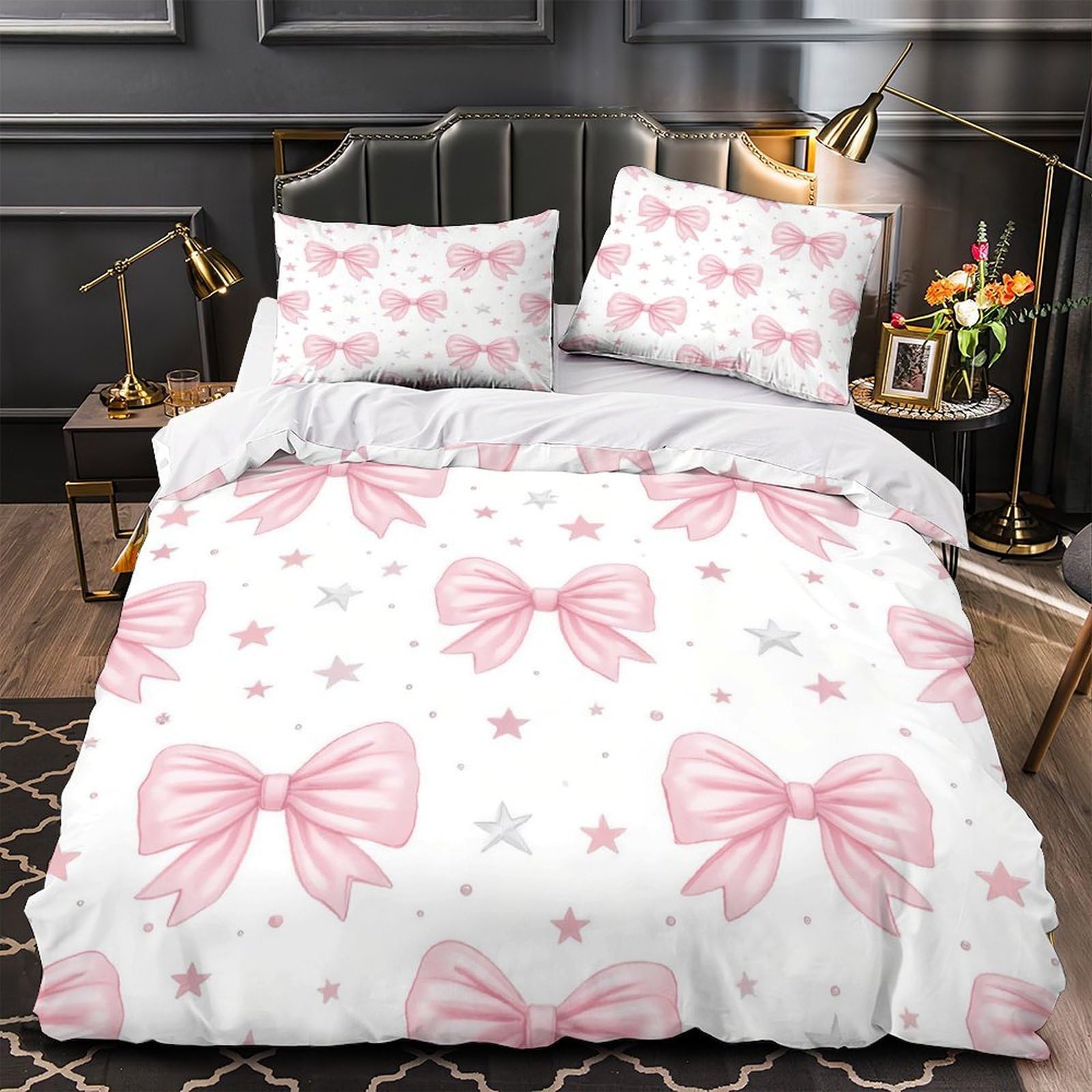 Parure de lit nœuds roses 200x200cm en microfibre douce avec fermeture éclair solide
