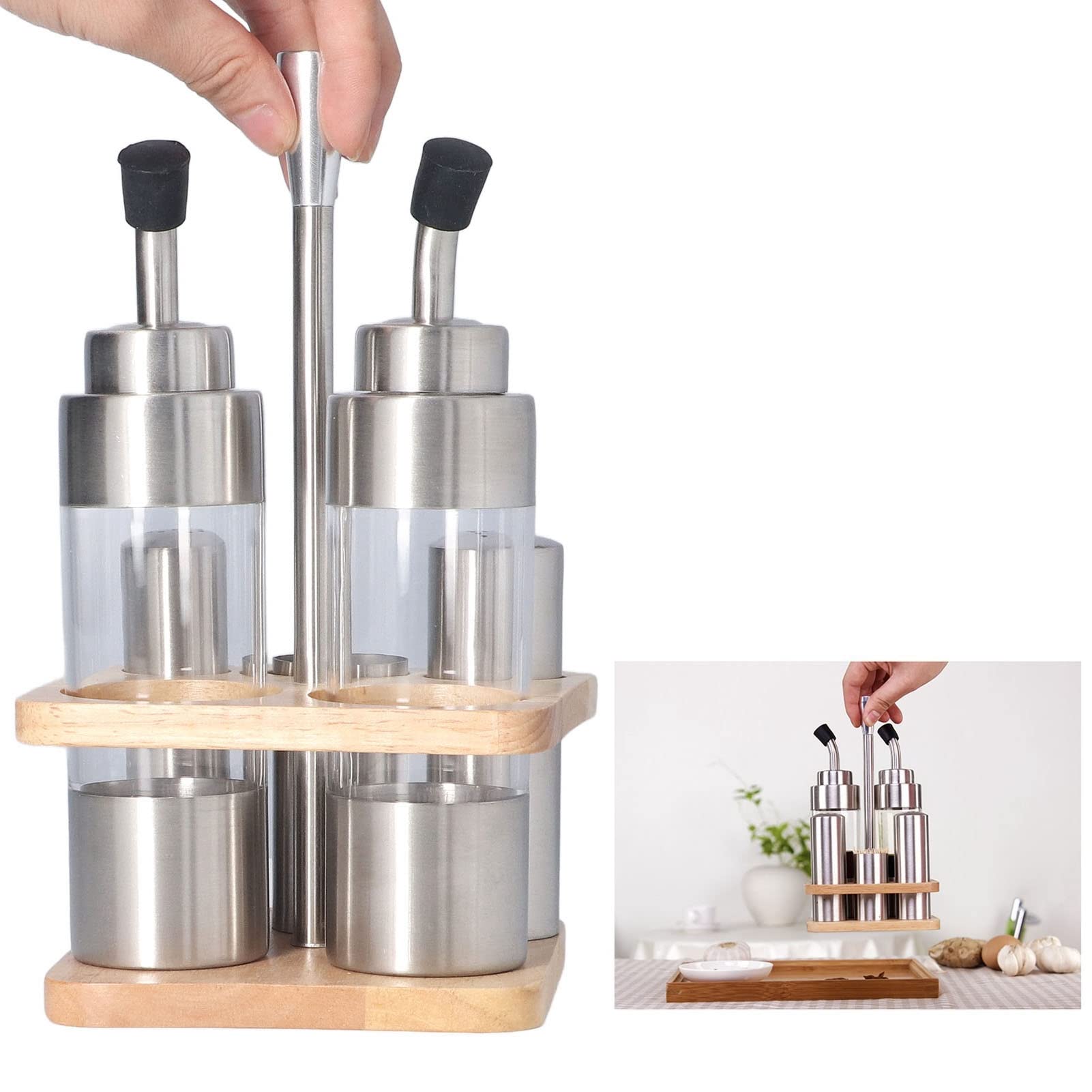 Gewürzflaschen 5er Set mit Holzregal, Edelstahl-Tisch-Gewürzflaschenhalter, Leere Glas-Gewürzflasche Zur Aufbewahrung von Öl, Essig, Salz, Sojasauce und Pfeffer, Spülmaschinenfest