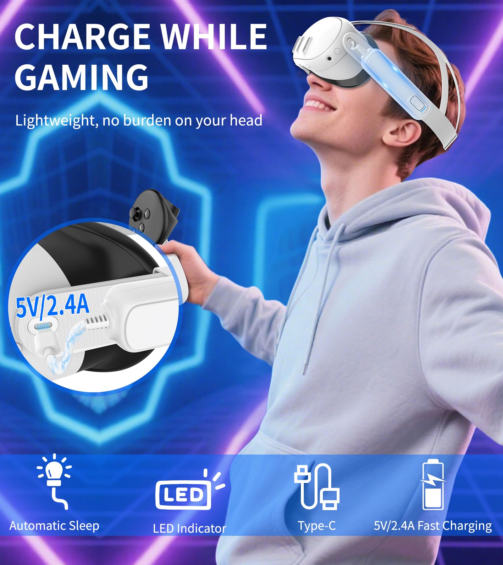 Paquete de 2 baterías de 5000 mAh para Meta/Oculus Quest 3S/3/2, cargador rápido PD VR de 18 W, tiempo de reproducción extendido de 4 a 8 horas, carga rápida dual, bancos de energía con clip, ligero y