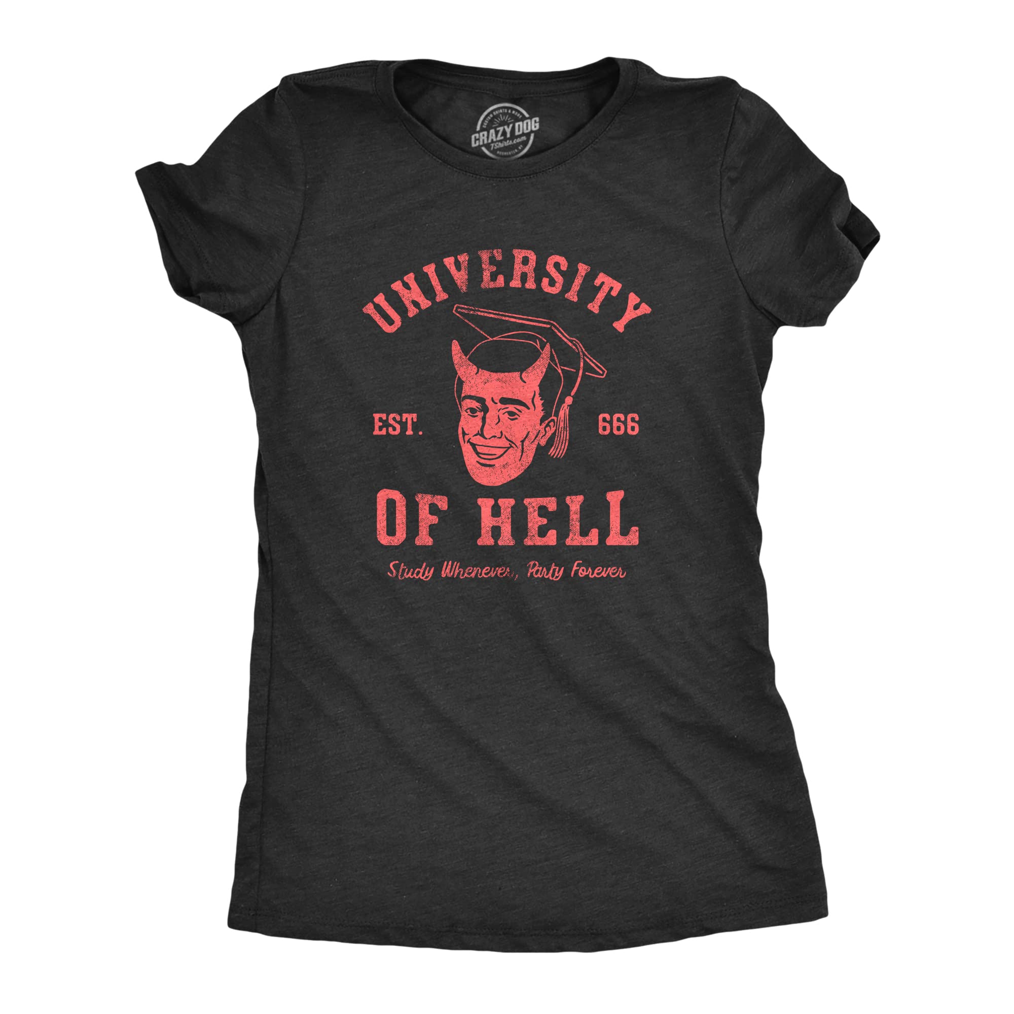 Crazy Dog TshirtsWomens University of Hell T Shirt Funny 666 Devil Horns College Tee for Ladies