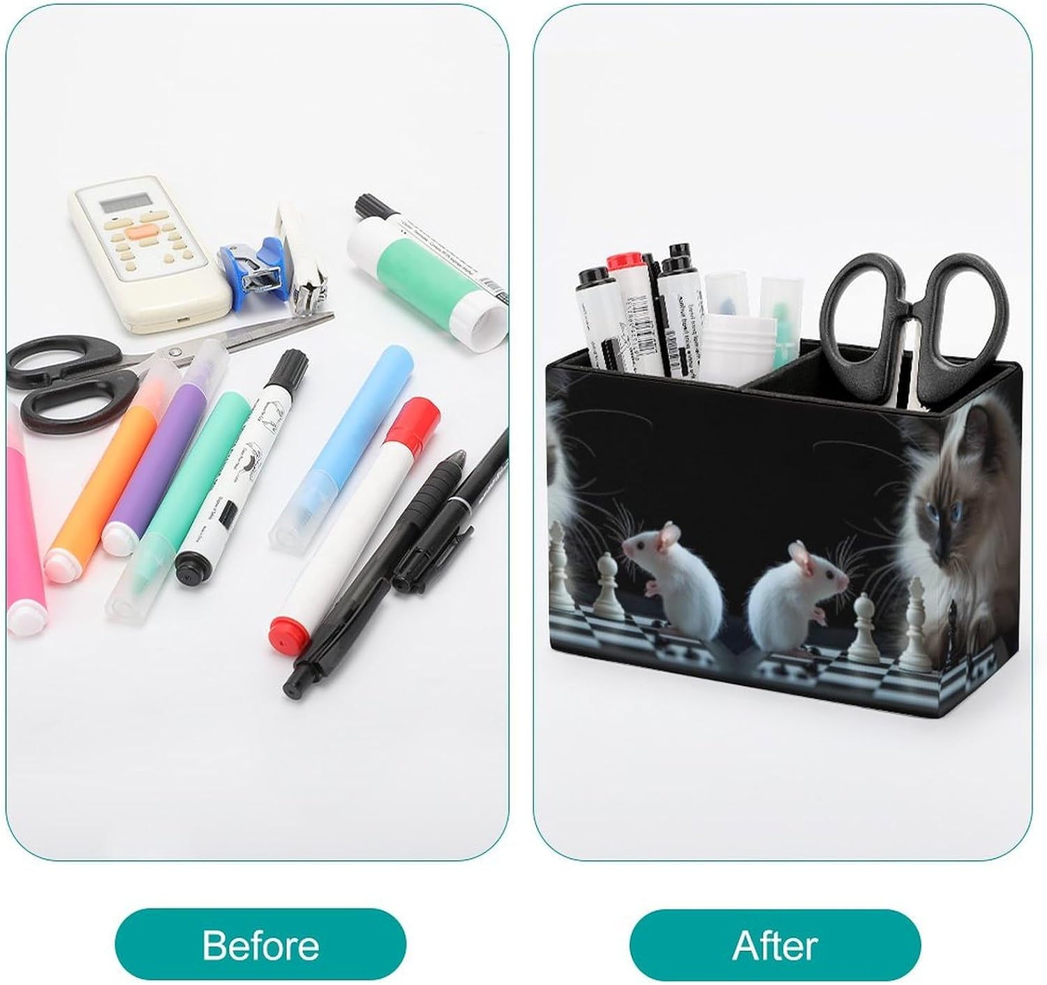 Cute Cat And Rat Playing Chess Pencil Pen Holder PU Leather Desk Storage Organizer Makeup Brush Box