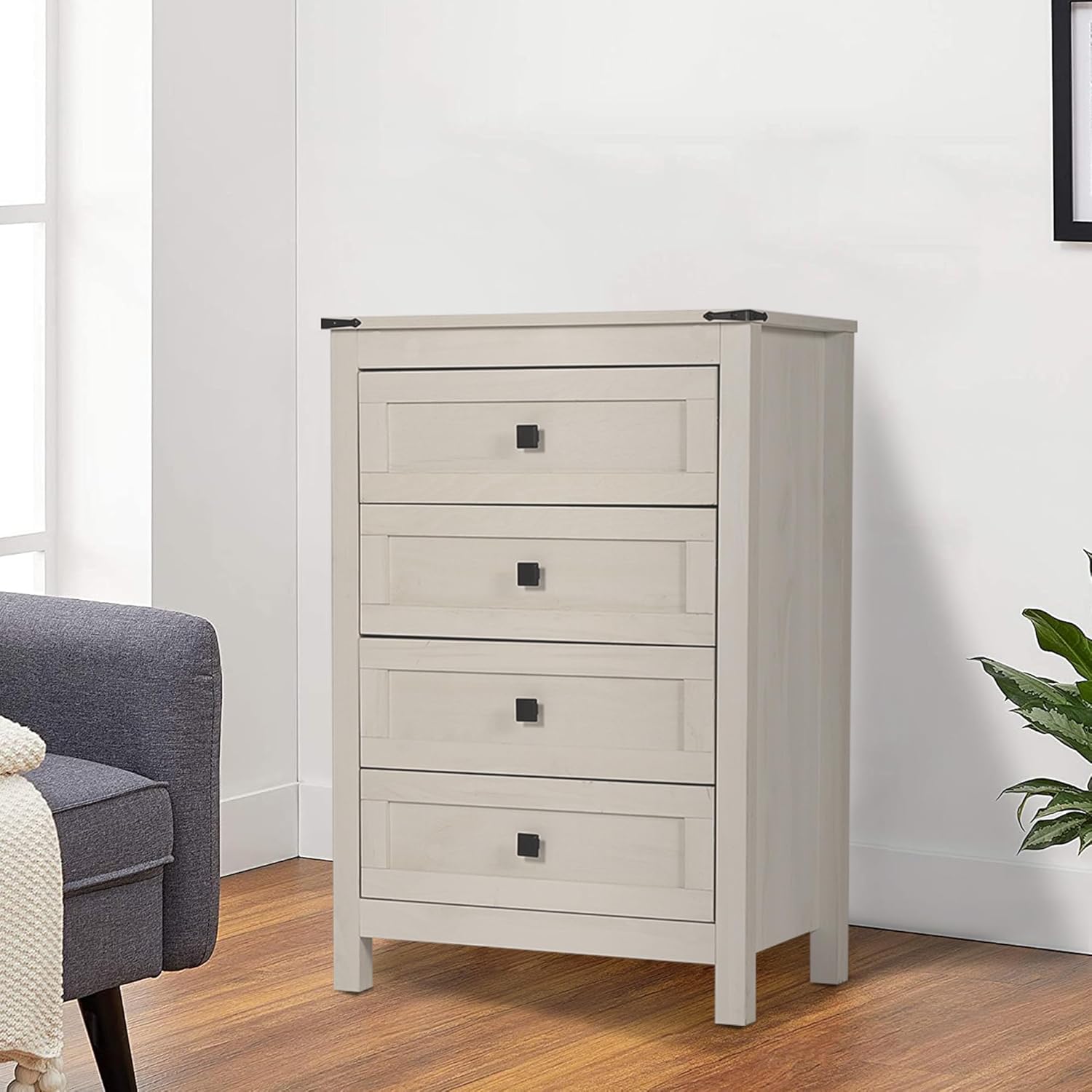 Farmhouse 4 Drawers Dresser, Wood Double Dresser Chest of Drawers Wide Storage Organizer Cabinet for Bedroom, Living Room, Rustic Beige