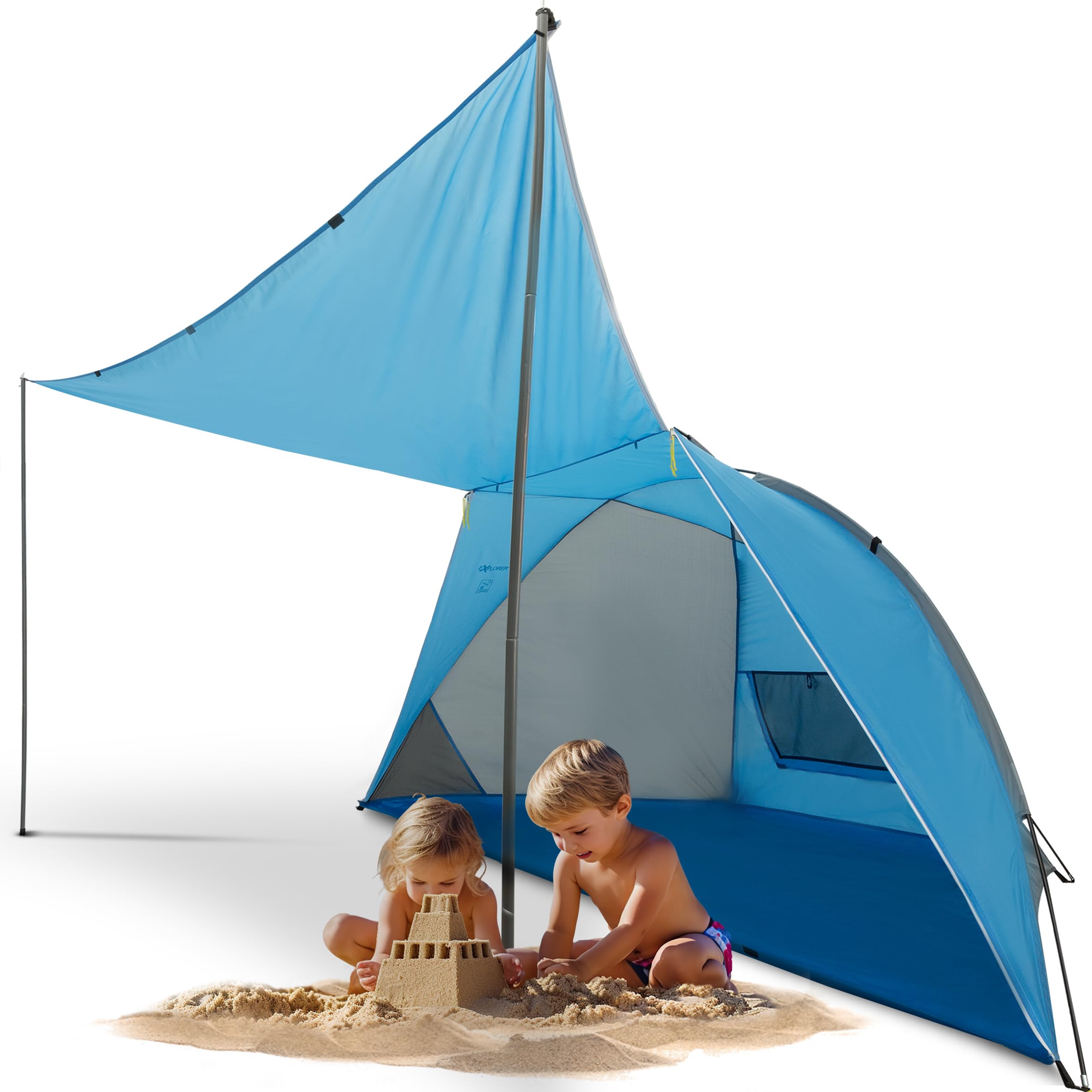 EXPLORER Strandmuschel mit UV Schutz 80+ kleines Packmaß leicht aufgebautes Strandzelt Sonnenschutz & Windschutz Muschel Reiseformat/Standard/mit Sonnensegel-Dach