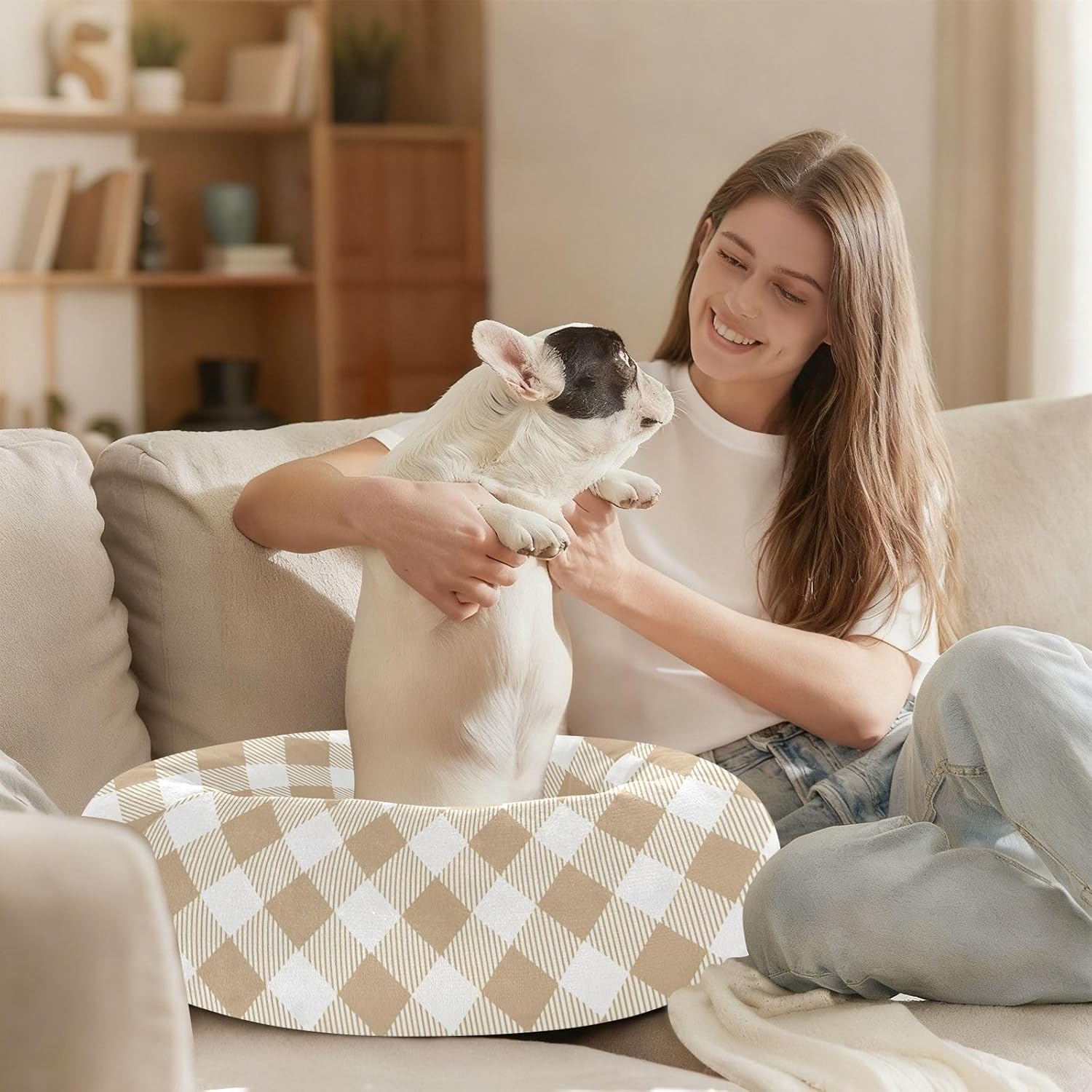 Dog Bed Ultra Soft Fluffy Comfortable Cat Bed, Oat Color Plaid Washable Dog Beds Anti-Slip Round Pet Beds for Medium Dogs