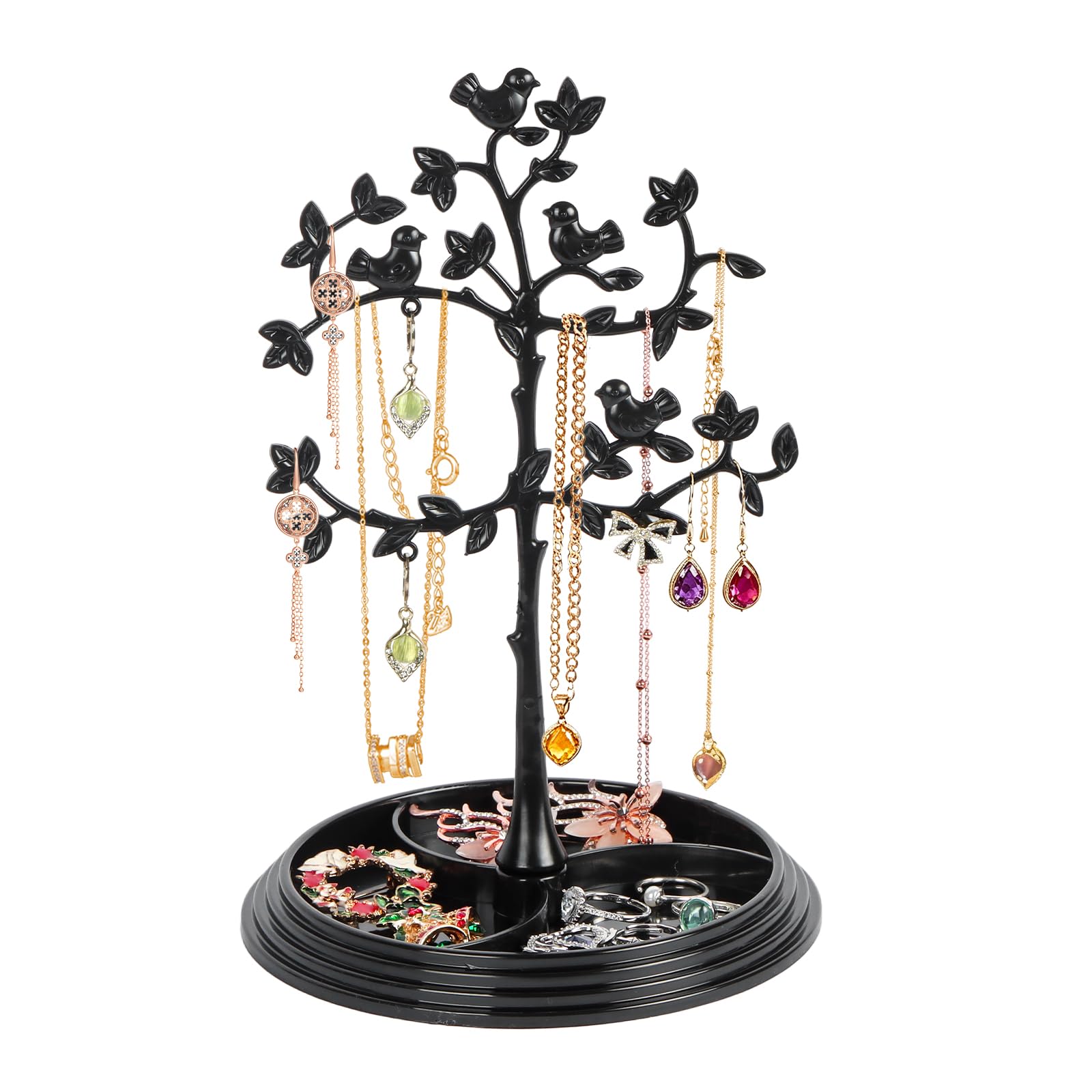 Jewellery Tree Stand, Jewellery Holder Display Stand for Necklace Earrings Rings, Large Capacity Bird Tree-Shaped Hanging Organiser Tower Rack for Dressing Table Bedroom Bathroom Office Decor (Black)
