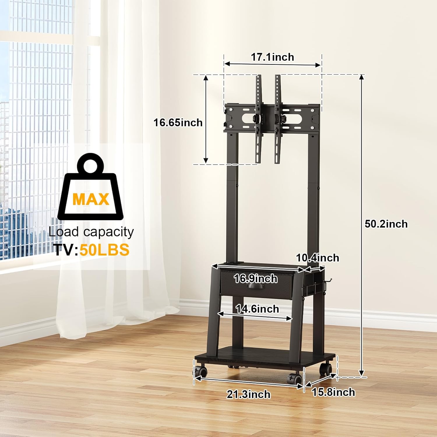 Mobile TV Stand with Drawer for 23-60 Inch TVs,Tilt Rolling TV Cart on Wheels with 2 Shelves Adjustable Height Portable TV Stand for Bedroom/Living Room Holds up to 50 lbs Max VESA 400x400mm