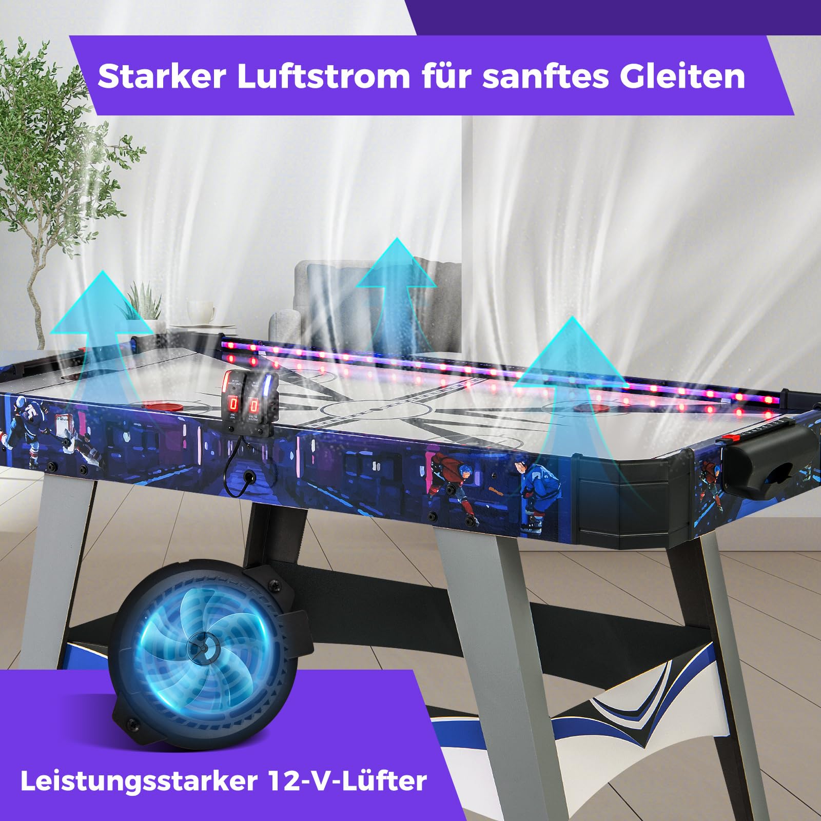 COSTWAY LED Airhockey Tisch, Air Hockey Spieltisch mit 12V Motor, 2 Schiebern & Pucks, Lufthockey elektrisch mit LED-Anzeigetafel, Tischhockey Eishockey für Kinder Erwachsene, 137 x 65 x 86 cm
