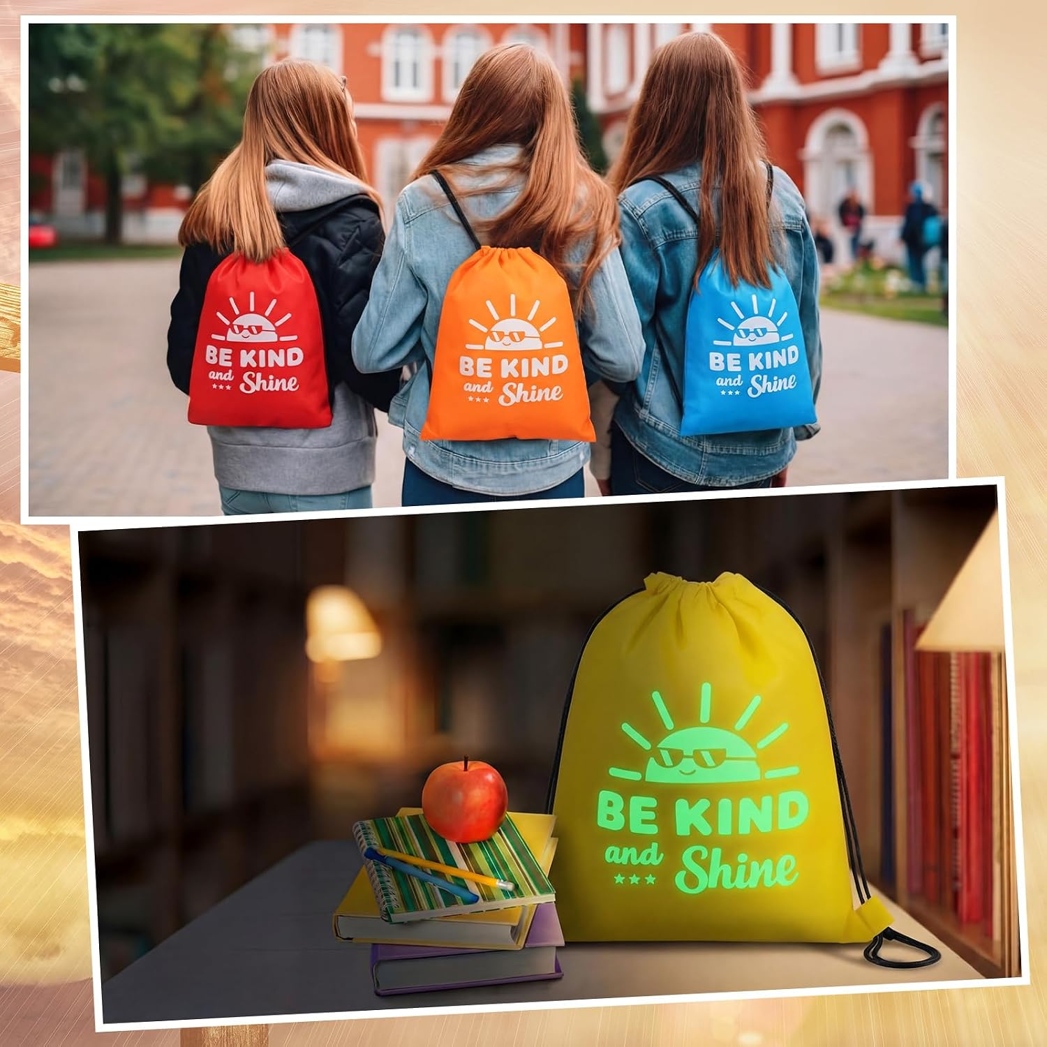 12 Pcs Be Kind and Shine Drawstring Backpacks Bulk 12 x 15 Inch
