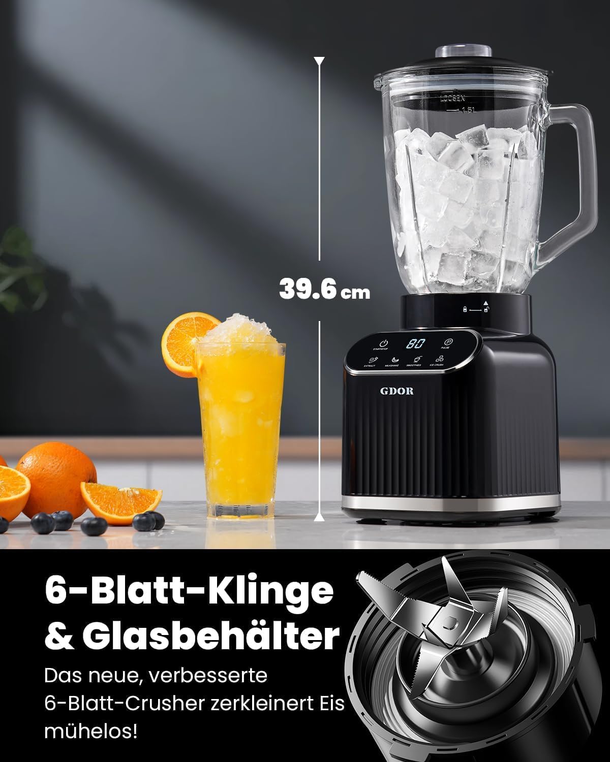 GDOR Professional Standmixer Glas 1200W Smoothie Maker 5 Programme Blender 1,5L Glasbehälter&700ml To-Go Becher Kombi Hochleistungsmixer für Smoothies Shake Eiscrushen Gefrorenes Obst Selbstreinigend