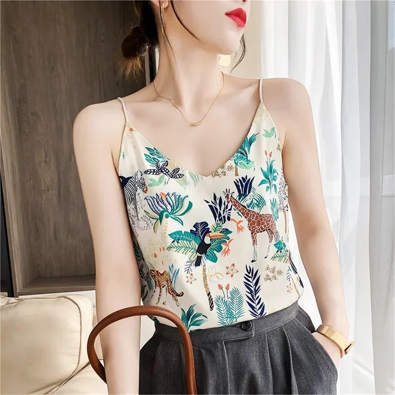 Camisola Estampada con Cuello en V, Camiseta sin Mangas de satén, Camisola Floral pequeña, Top Verano for Mujer 1 Uds para Fiestas Y Vacaciones