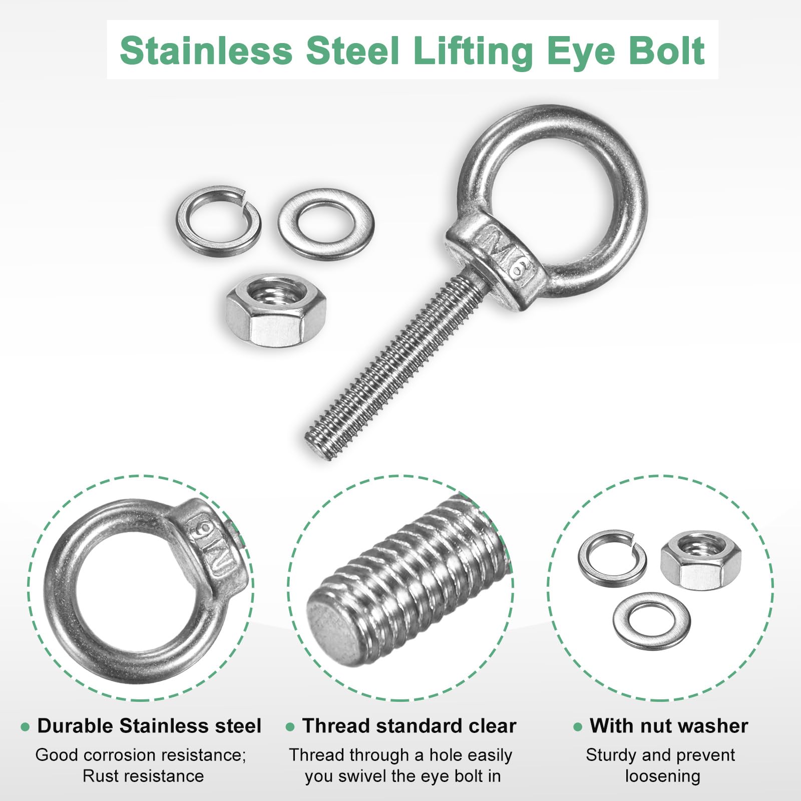 M METERXITY 4-Sets Stainless Eyebolt M6x32mm Shoulder Lifting Eye Bolt with Nuts Washers Male Screw Thread Ring Shoulder Eye Bolts Length 1.26 Inch for Suspending/Fastening - Image 2