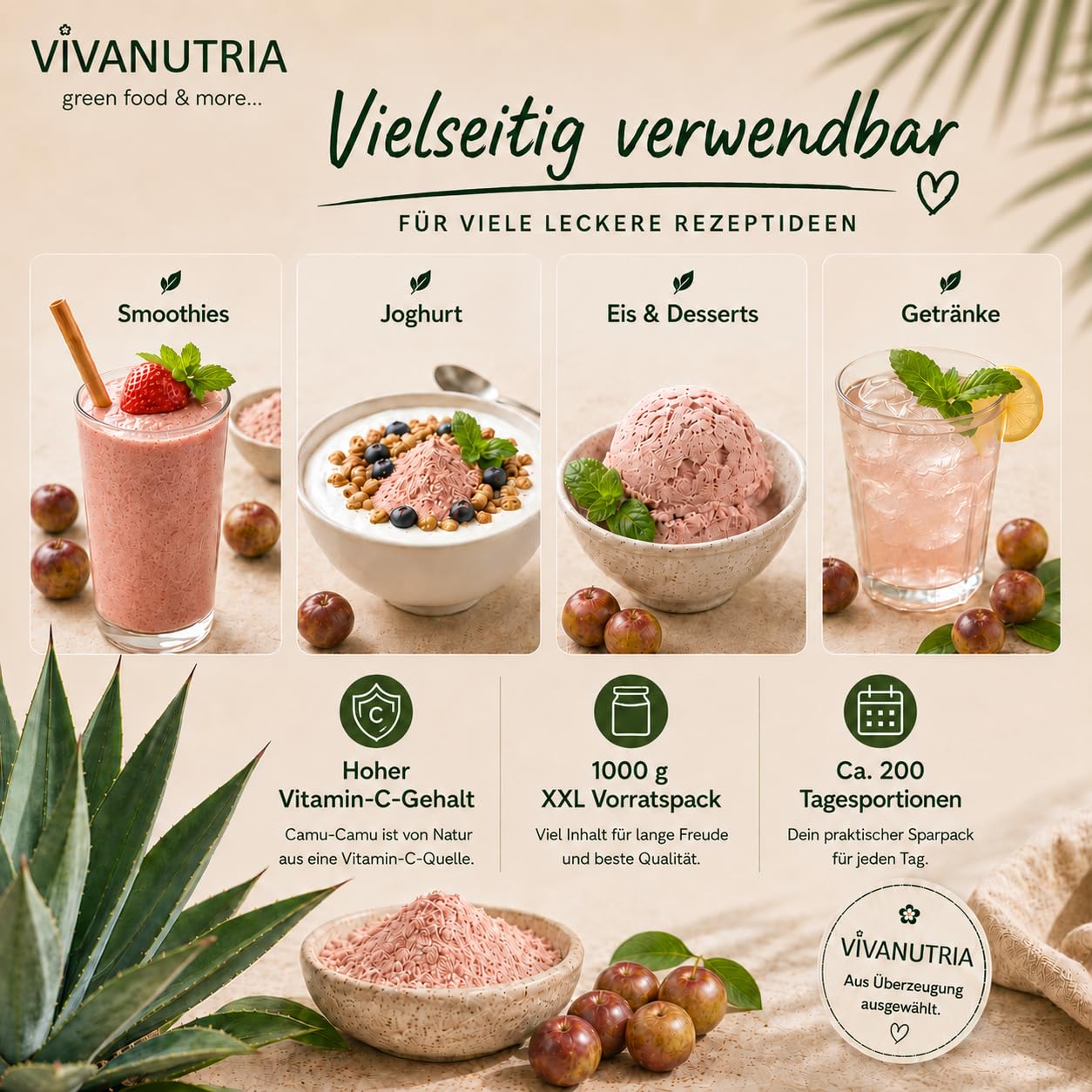 VivaNutria Camu Camu Pulver 1000g I Vitamin C Pulver I Camu-Camu Superfood Pulver für Smoothies, Shakes & Müslitopping I natürliches Vitamin C I Ascorbinsäure I Antioxidantien I vegan