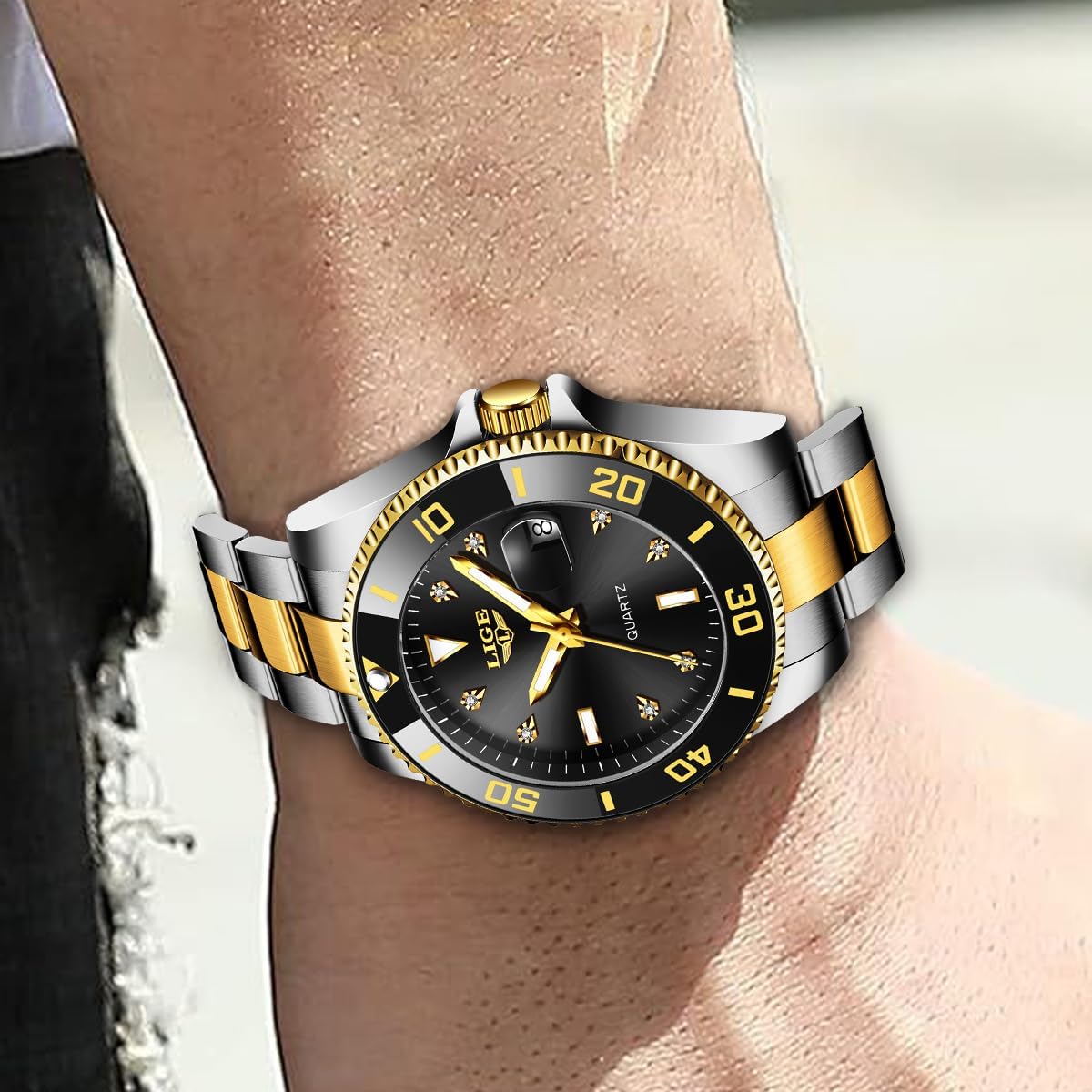 Quartz Watches for Men,Luxury Big Face Diamond Accented Analog Watch,Stainless Steel Waterproof Mens Watches,Date Luminous Business Dress Watch for Men