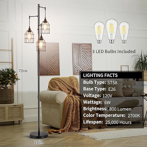 Miniatura 5 de Lámpara de pie regulable de 69 pulgadas para sala de estar, lámpara de pie industrial de árbol de 3 luces, color negro con jaulas, lámpara de pie