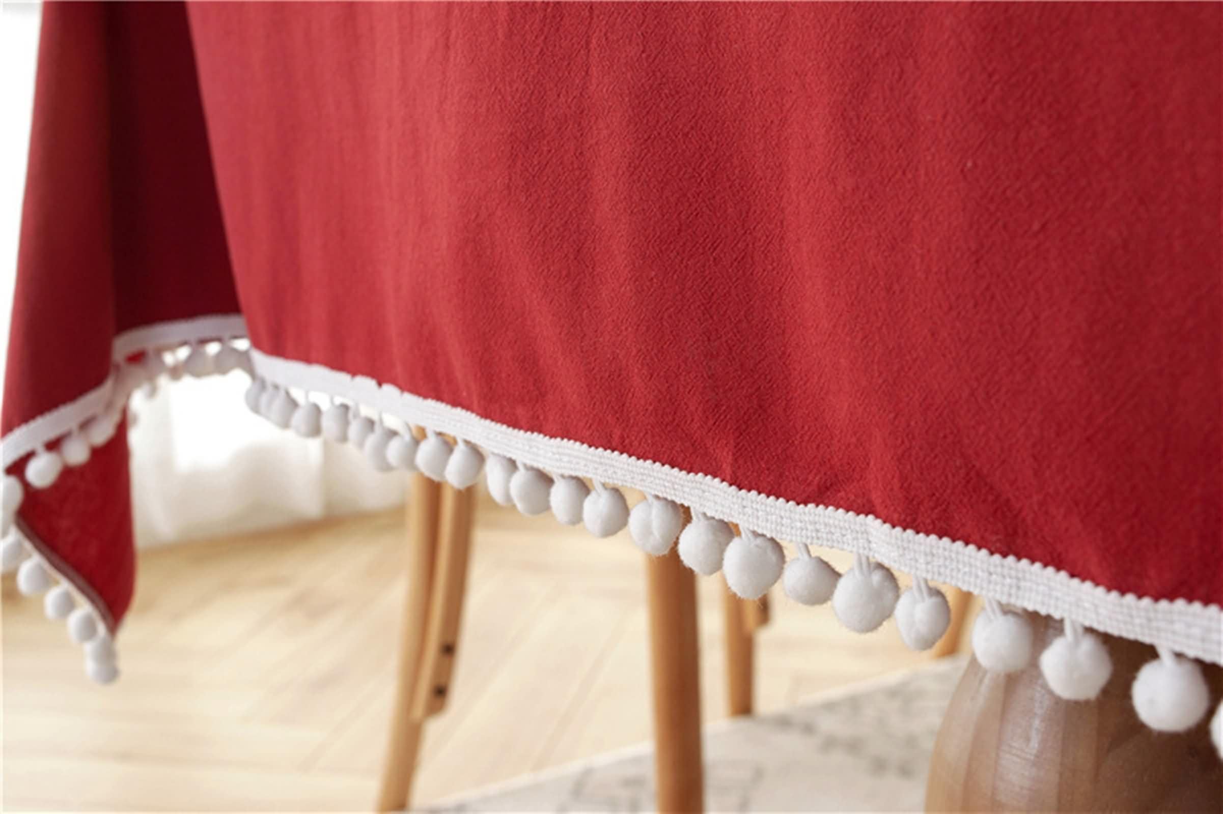 Mantel Antimanchas y Lavable Rectangular Rojo Mesa, Color Sólido con Pompones, de Algodón Lavable, 140 x 250 cm, Mantel para Comedor y Cocina
