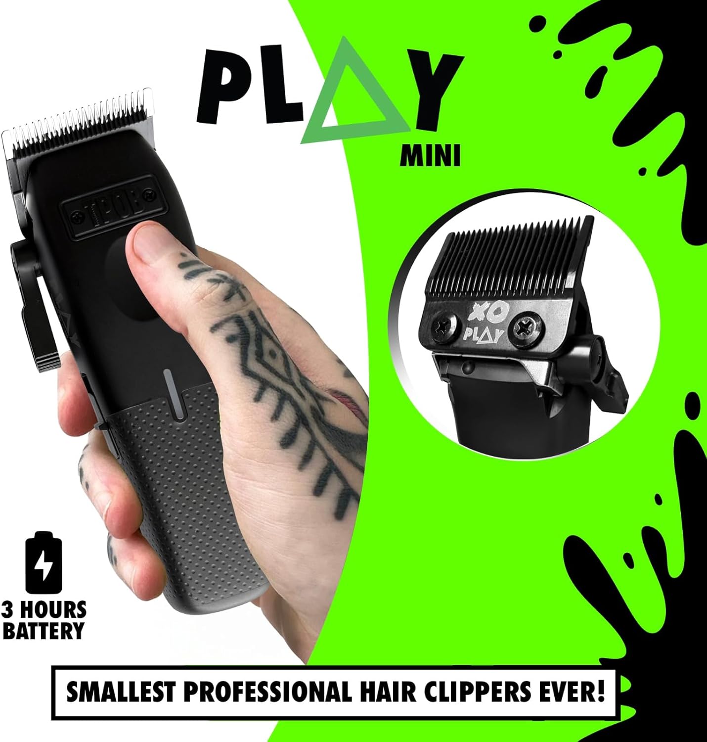 TPOB Play ミニヘアクリッパー 男性用 XOブレード付き - SnapTekレバーアーム付き超静音デザイン、28歯移動ブレー