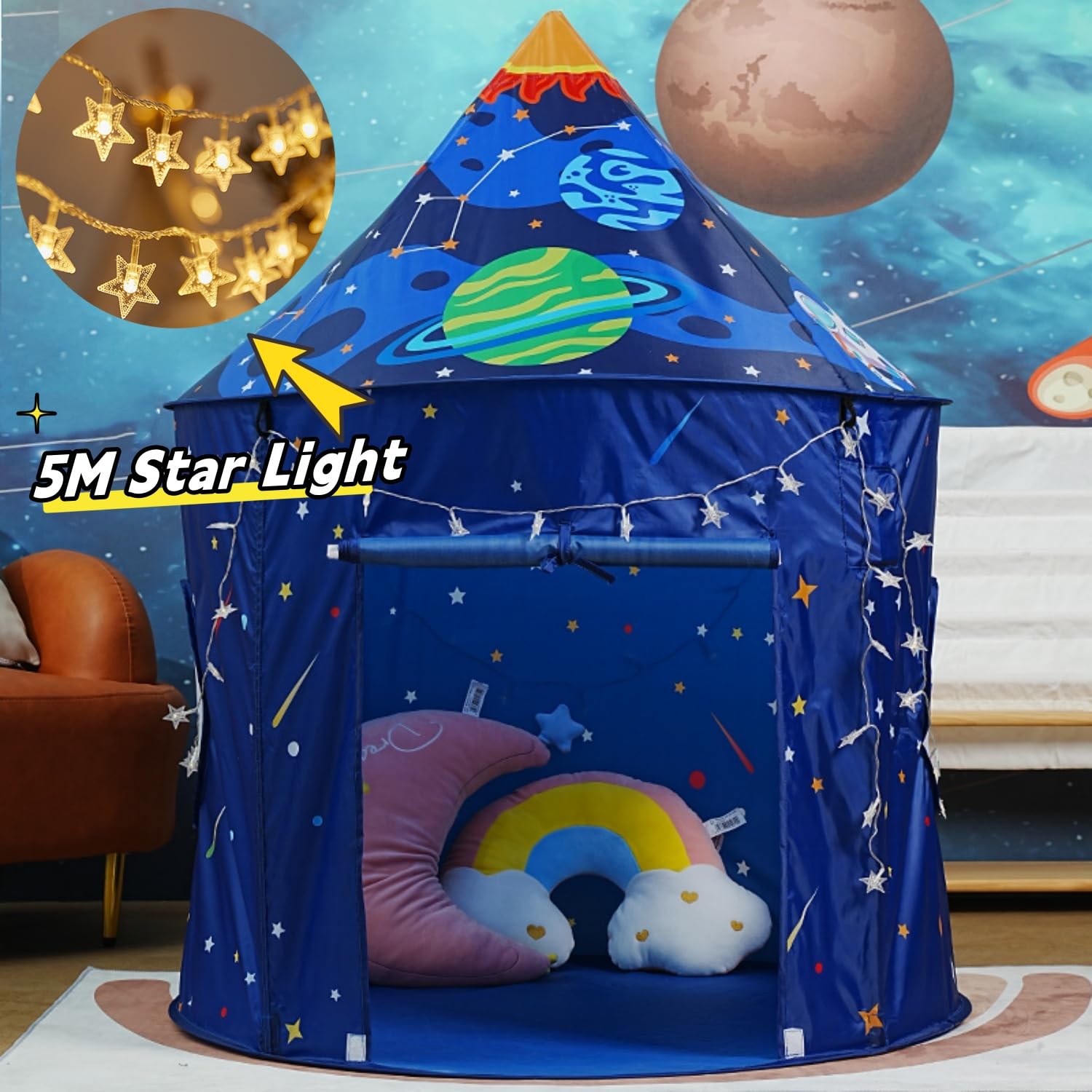 Benebomo Blue Space Rocket Play Tent for Kids Pop Up Wigwam for Boys and Girls Indoor & Outdoor, Dark Blue, 100x100x135cm - Image 2