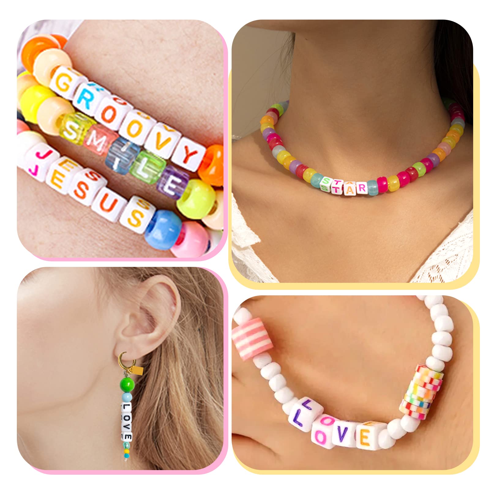 TOAOB 800 Pezzi Perline Lettere per Braccialetti Colorate 6mm Acrilico Cubo Alfabeto Perle Bead e 2 Stili di Filo Elastico per Bigiotteria Gioielli Bracciali Fai da Te Collane Phone Catene Portachiavi