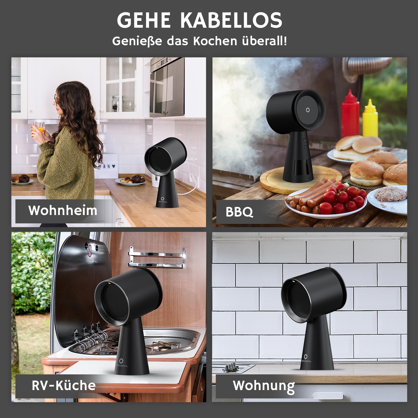Hotte aspirante de table rechargeable Airthereal, hotte portable avec batterie, 3 vitesses de ventilation et grand réservoir à huile, hotte de cuisine mobile améliorée pour camping-cars – RH180B Noir