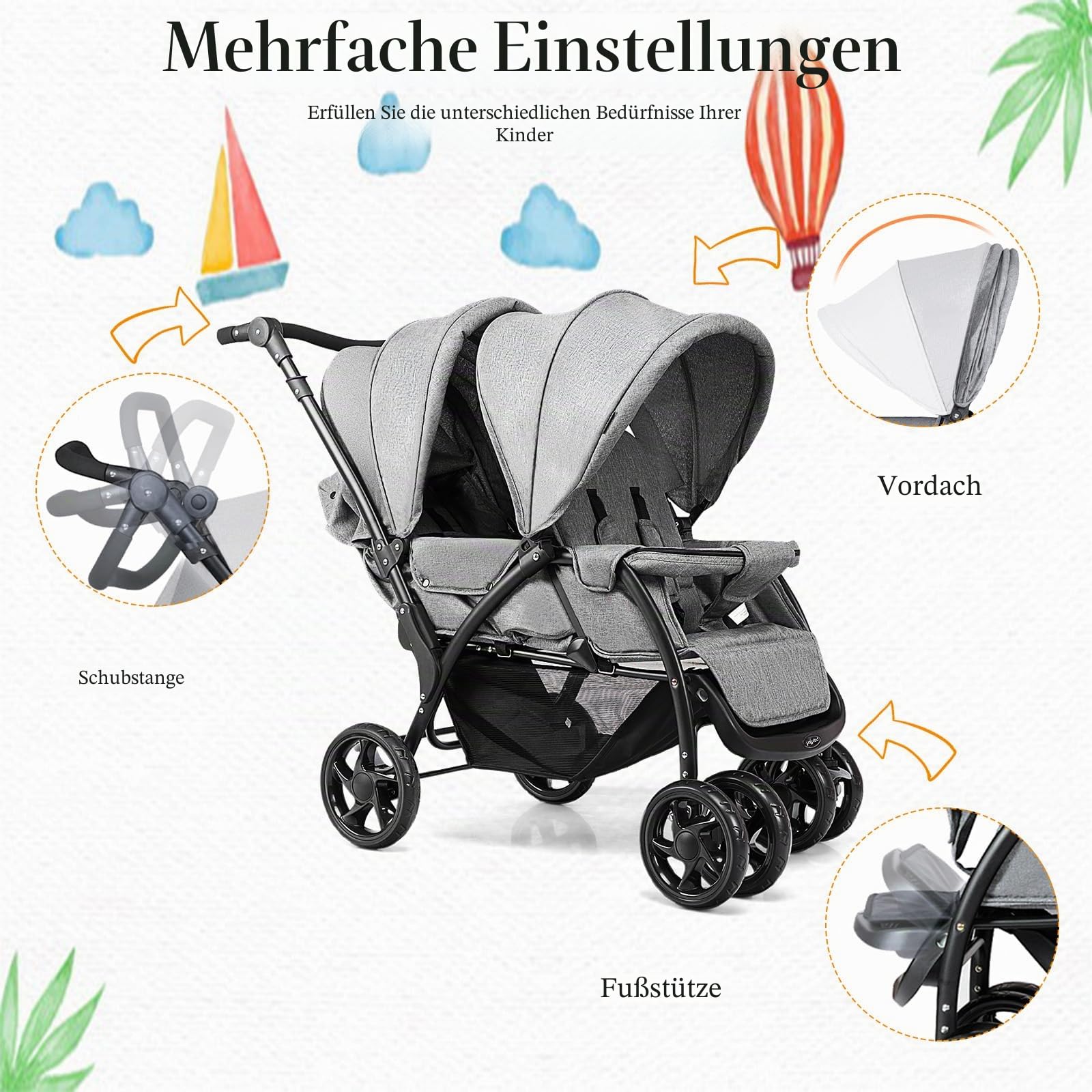 LIFEZEAL Faltbarer Doppelkinderwagen für Zwillinge 2-Sitzer mit verstellbarer Rückenlehne, Bremsen, Belastung 15+15 kg Grau