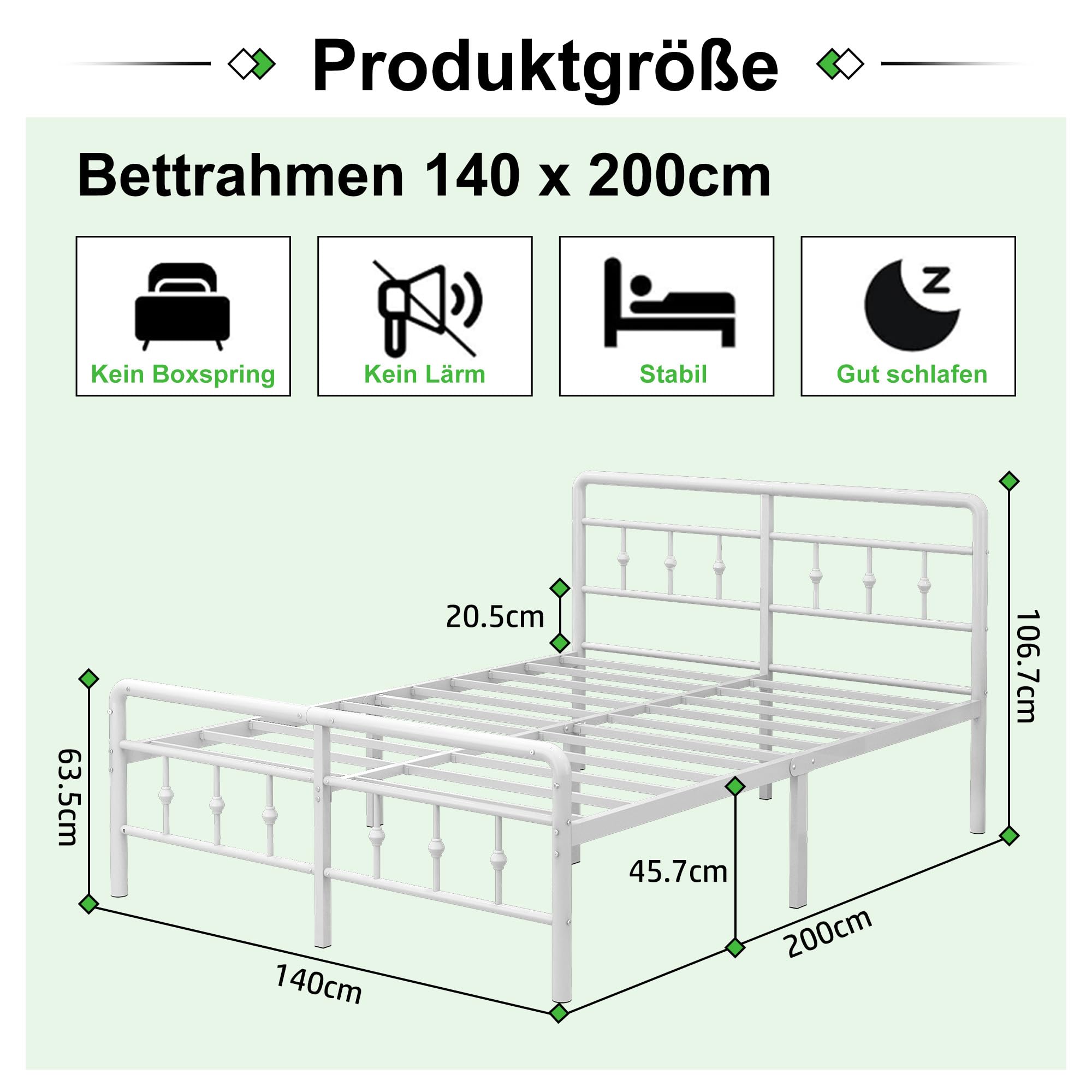 EMODA Metallbett 140 x 200 cm mit Kopfteil und Fußteil, Bettrahmen 46 cm Hoch, Stabiler Bettgestell, Einfache Montage, Geräuschlos, weiß