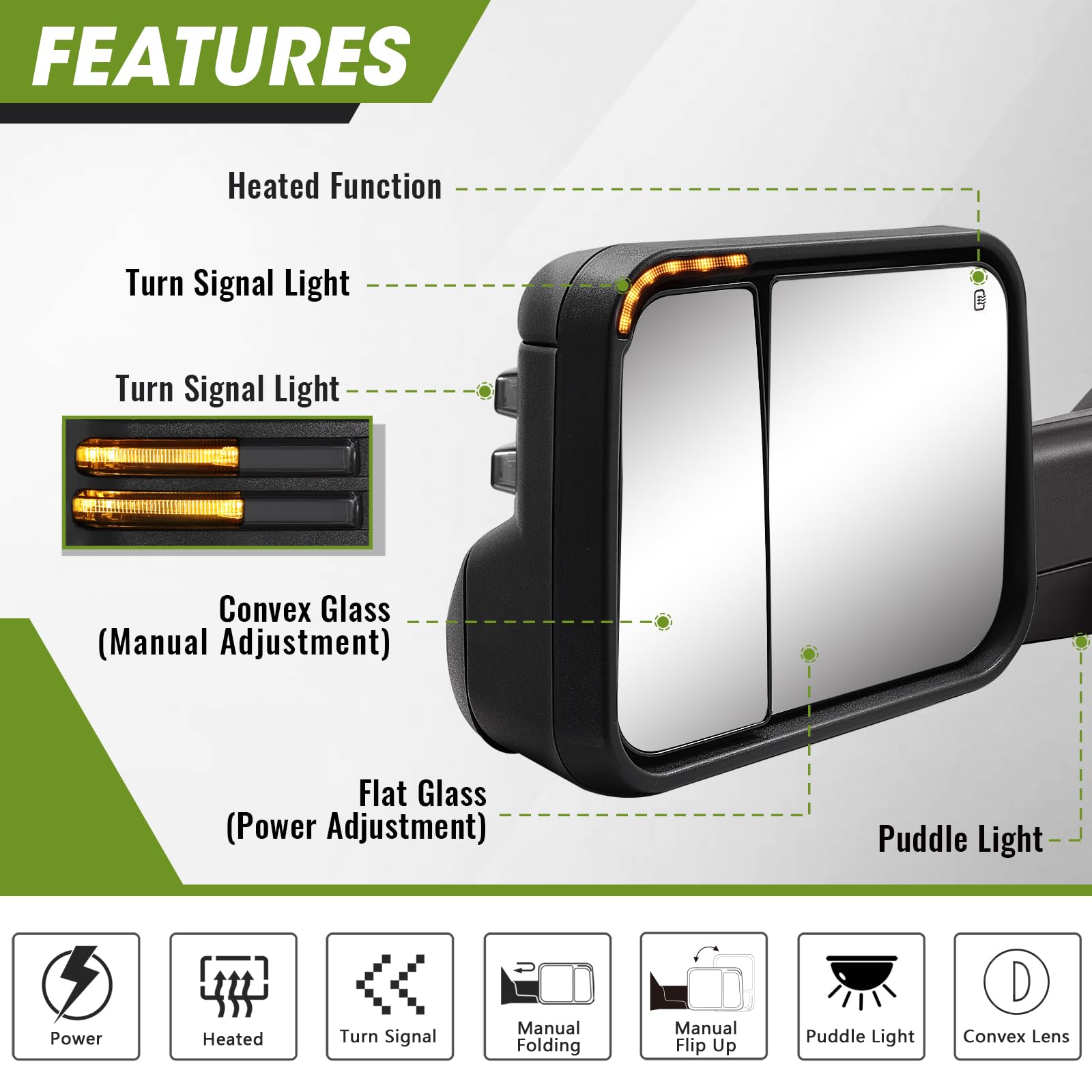 Driver Side Mirror Power Heated Towing Mirrors For 2002-2008 Dodge Ram - Black W/White DRL & LED Turn Signals Side Mirror Blindspot - Foto 8