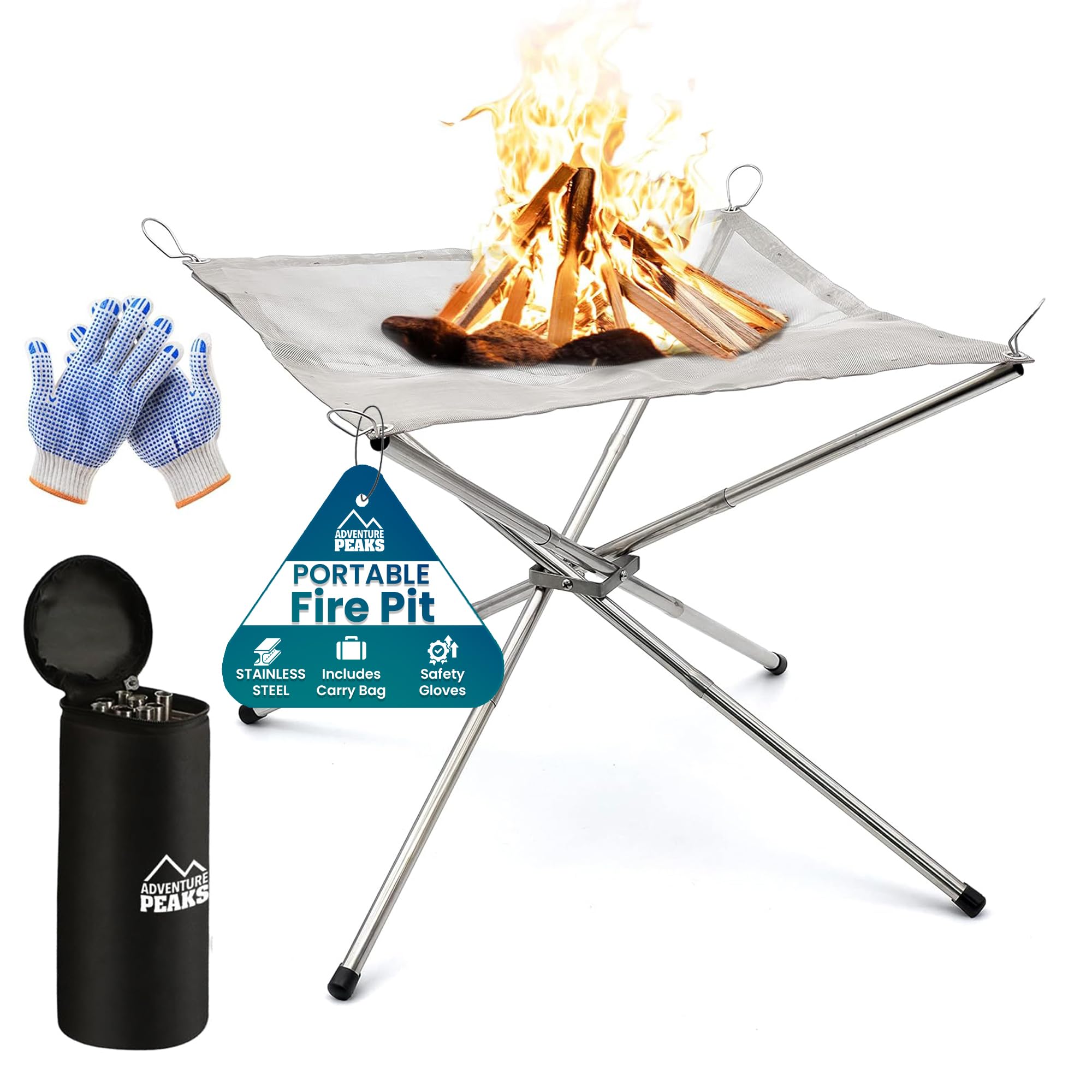Portable Fire Pit for Camping with Heat Resistant Gloves & Storage Bag – Camping Fire Pit Stainless Steel Foldable Mesh – Collapsible Fire Pit for Camping, Bonfire, Garden & Outdoor Cooking