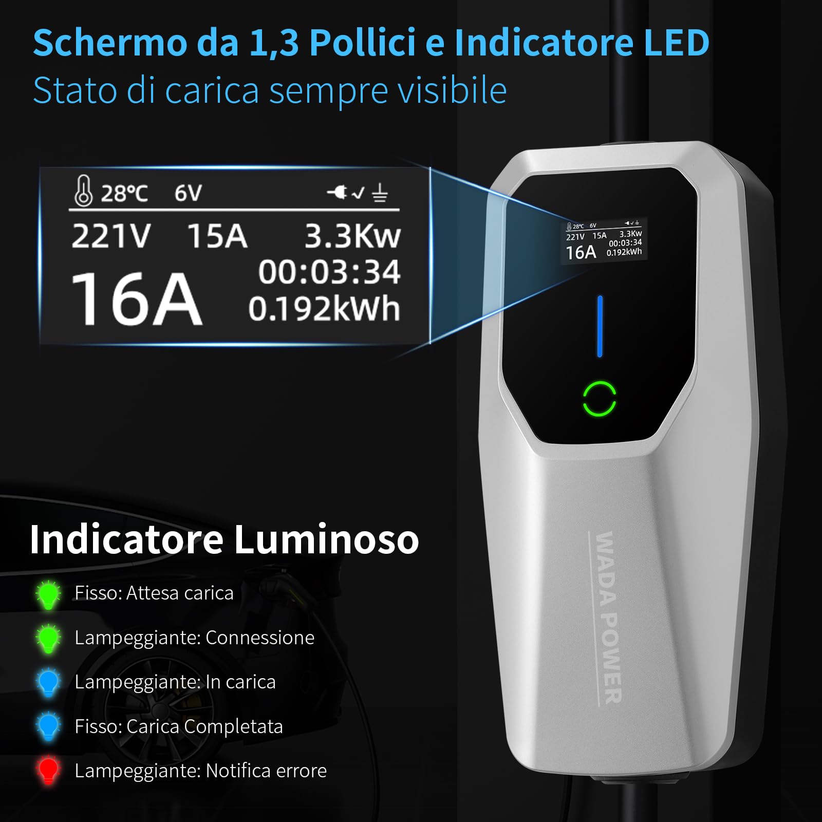 Cavo Ricarica Auto Elettrica 3,68kW [16A, 6M]: Portatile Caricatore Auto Elettriche Monofase Tipo 2 con Spina Schuko, EV Charger con LCD Controllo Digitale, IEC 62196-2