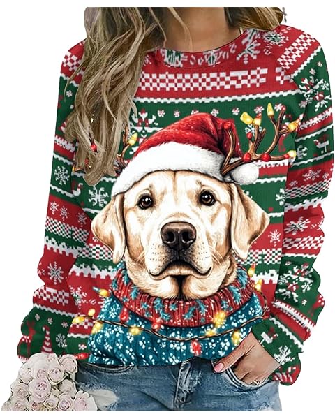 Womens Ugly Christmas Sweatshirt Funny Cat Dog Printed Xmas Pullover Shirts Crewnec...
